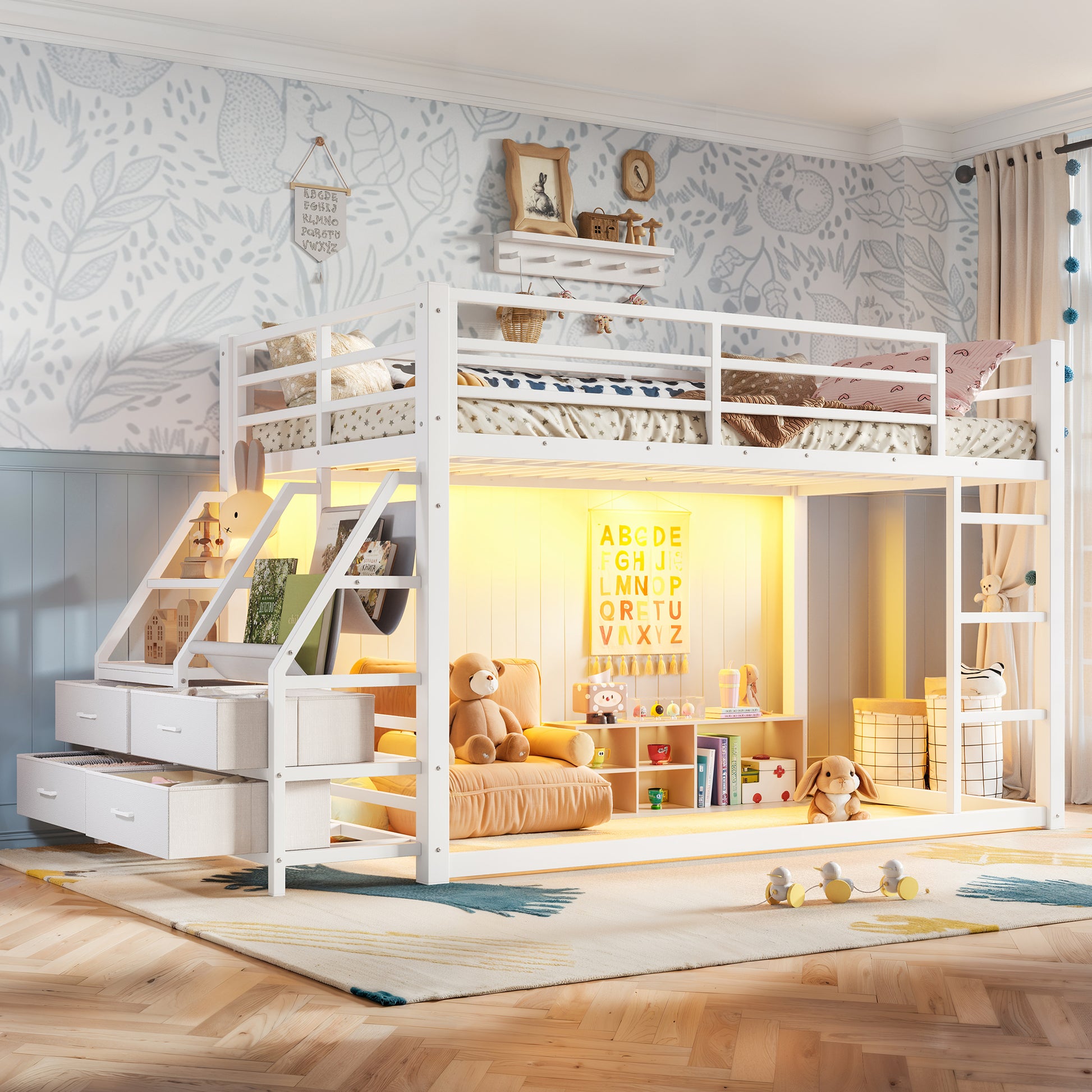 Twin over Twin bunk Bed with Storage Shelves and Drawers, Metal Bunk Bed with LED Lights for Teens, No Box Spring Need.White image 2