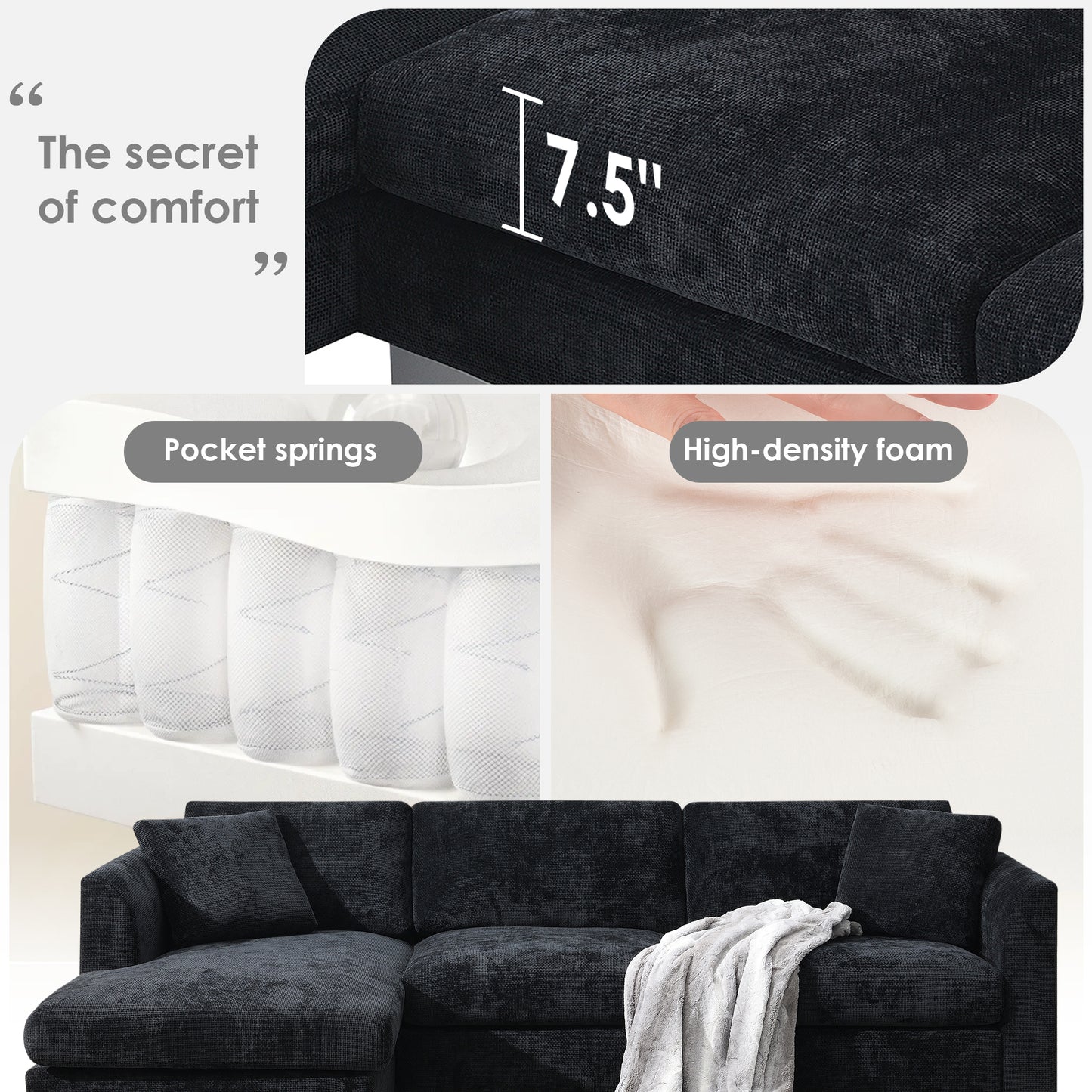 [NEW SKU of N723S6037B]96" Modern Cloud Sectional Sofa, L-shaped Luxury Couch Set with 2 Free pillows, 4-seat Chenille Indoor Furniture with Oversized Chaise for Living Room, Apartment, Office image 8