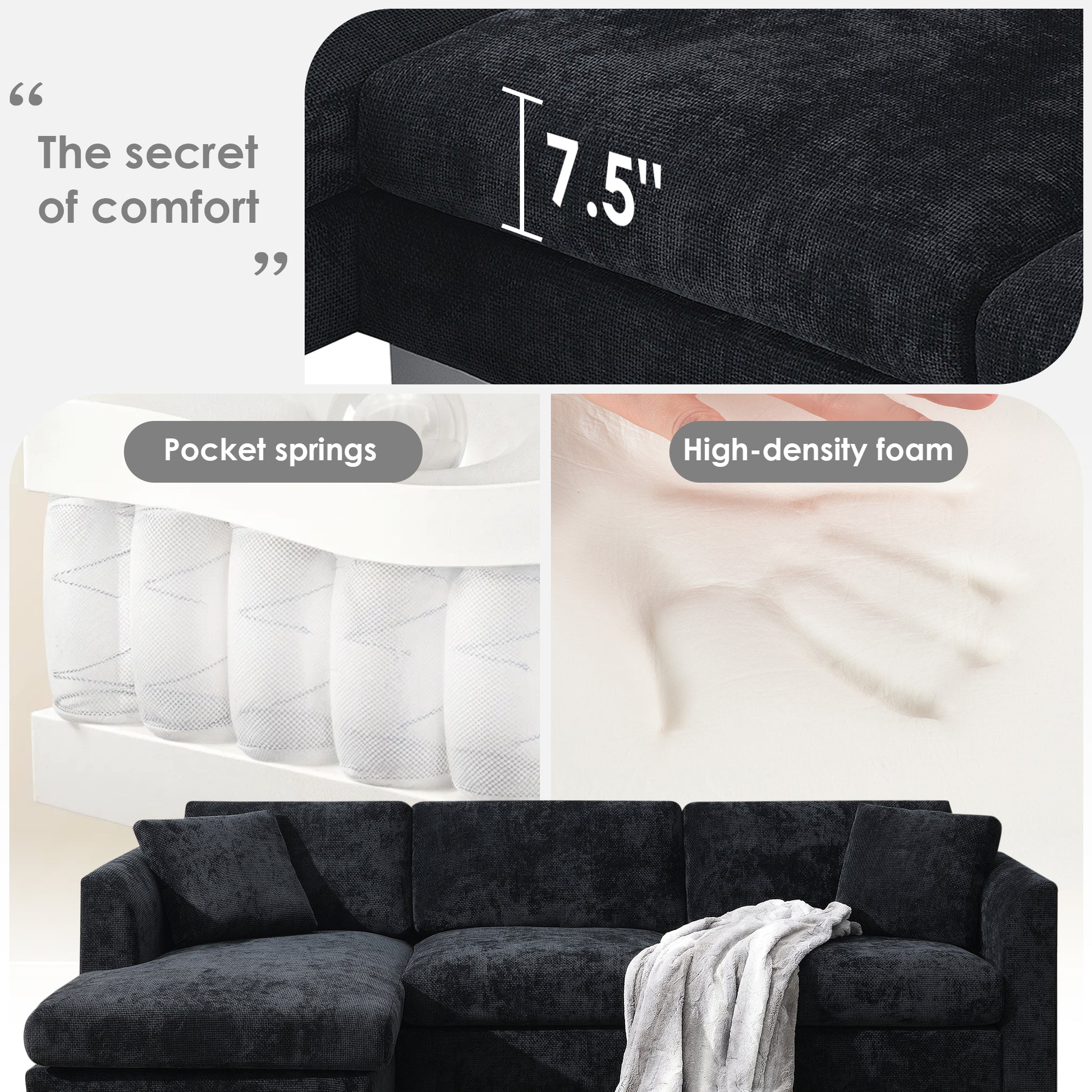 [NEW SKU of N723S6037B]96" Modern Cloud Sectional Sofa, L-shaped Luxury Couch Set with 2 Free pillows, 4-seat Chenille Indoor Furniture with Oversized Chaise for Living Room, Apartment, Office image 8