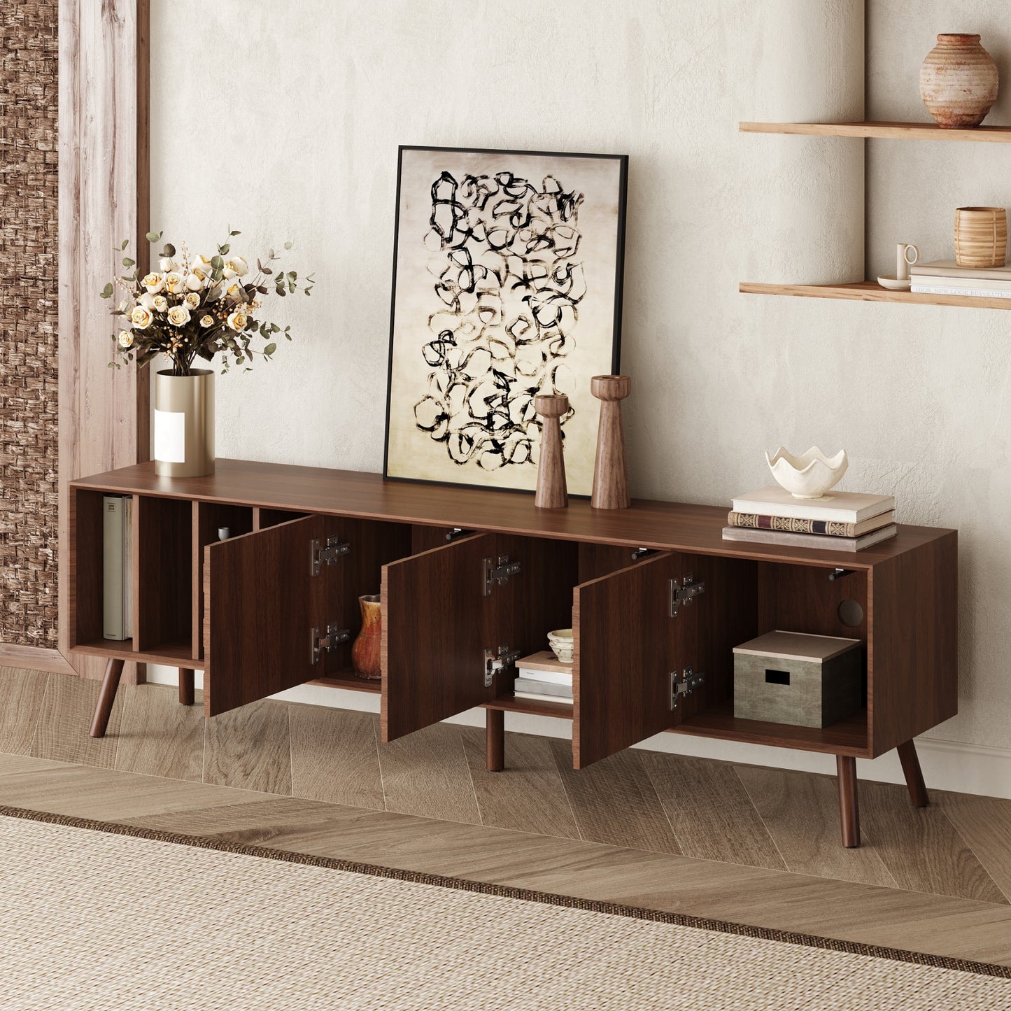 68" Mid-Century Modern TV Stand, Media Console Table for TVs up to 75'', Entertainment Center with 5 Solid Wood Legs for Living Room, Bedroom image 4