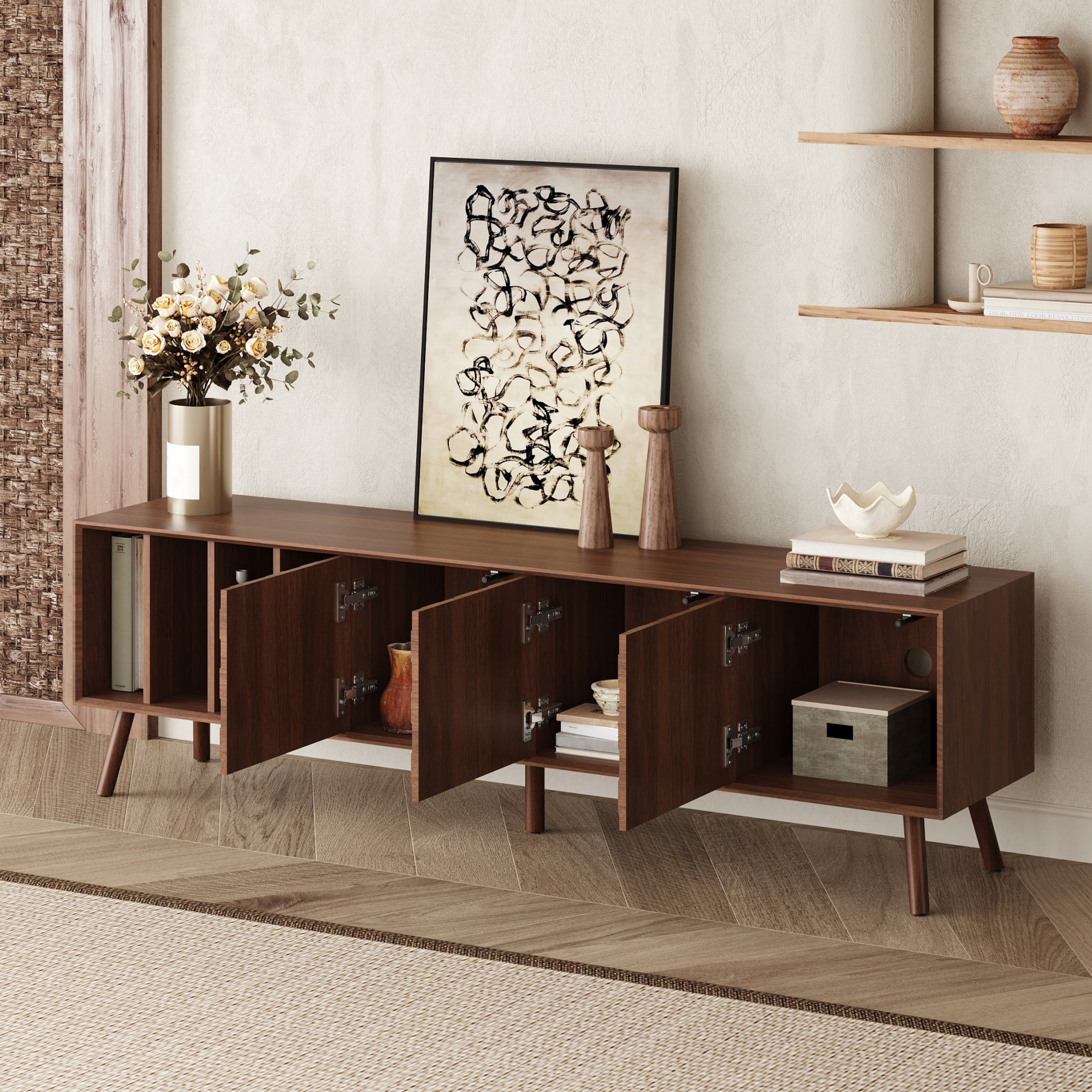68" Mid-Century Modern TV Stand, Media Console Table for TVs up to 75'', Entertainment Center with 5 Solid Wood Legs for Living Room, Bedroom image 4
