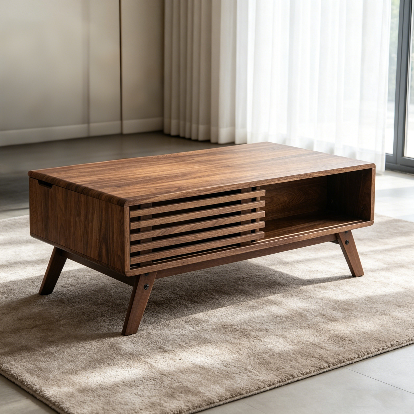 39.37" Mid-Century Walnut Lift Top Coffee Table, Multifunctional Lift-Up Coffee Table with Hidden Storage & Open Shelf for Living Room image 10