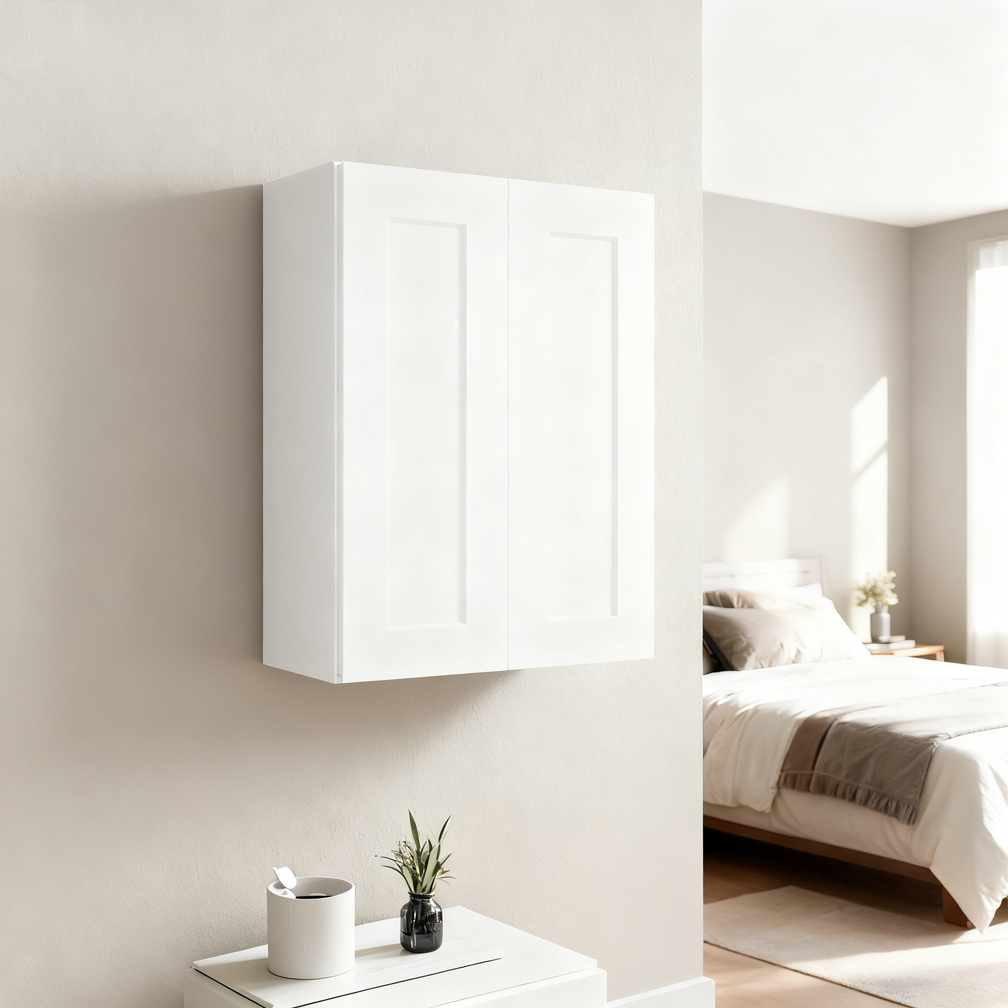 24 Inch White Shaker Double Door Wall Cabinet Solid Wood with 2 adjustable shelves Ready to Assemble for Kitchen,Bathroom,Laundry and Garage Storage(24"W×12"D×30"H) image 1