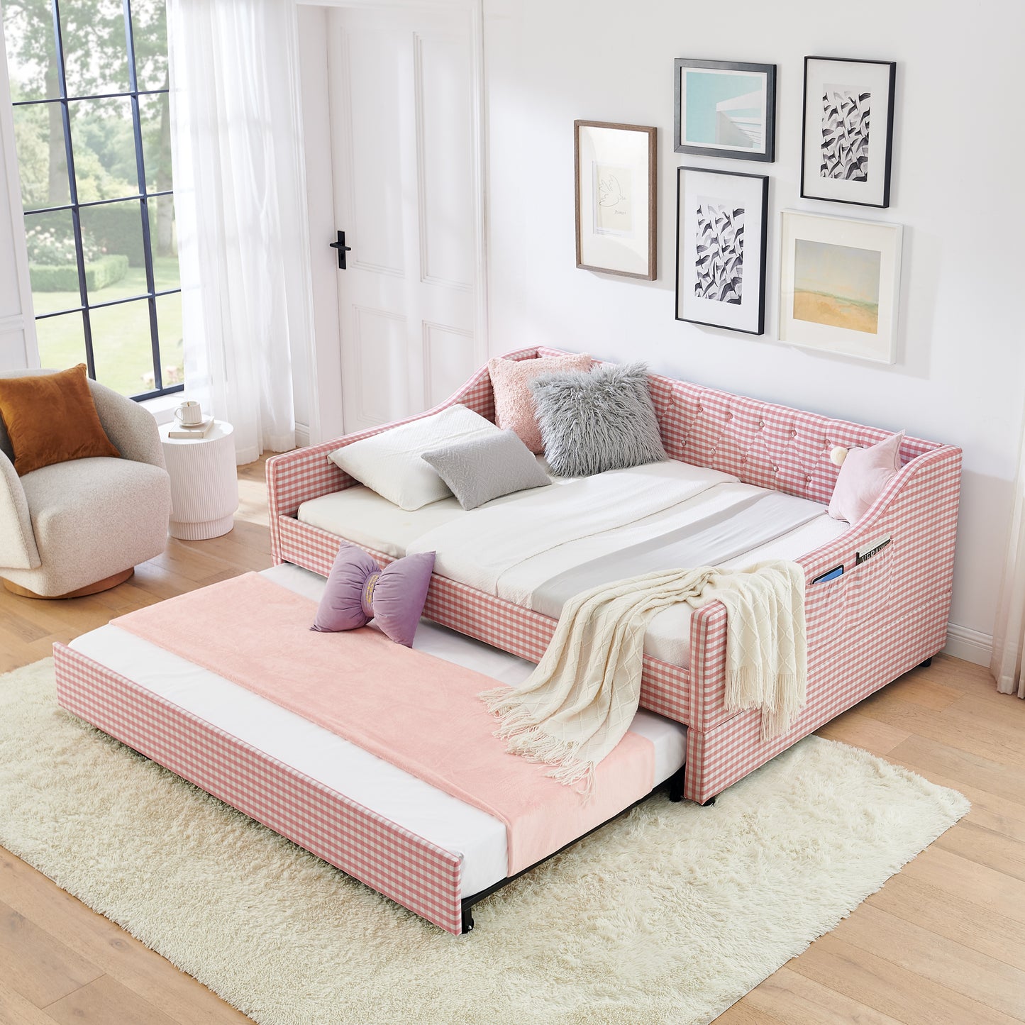 Full‑Size Daybed,Upholstered Convertible Daybed with Tufted Button Backrest, 3‑in‑1 Versatile Sofa Bed with Pull‑Out Trundle & Side Storage, Perfect for Compact Living-Pink image 1