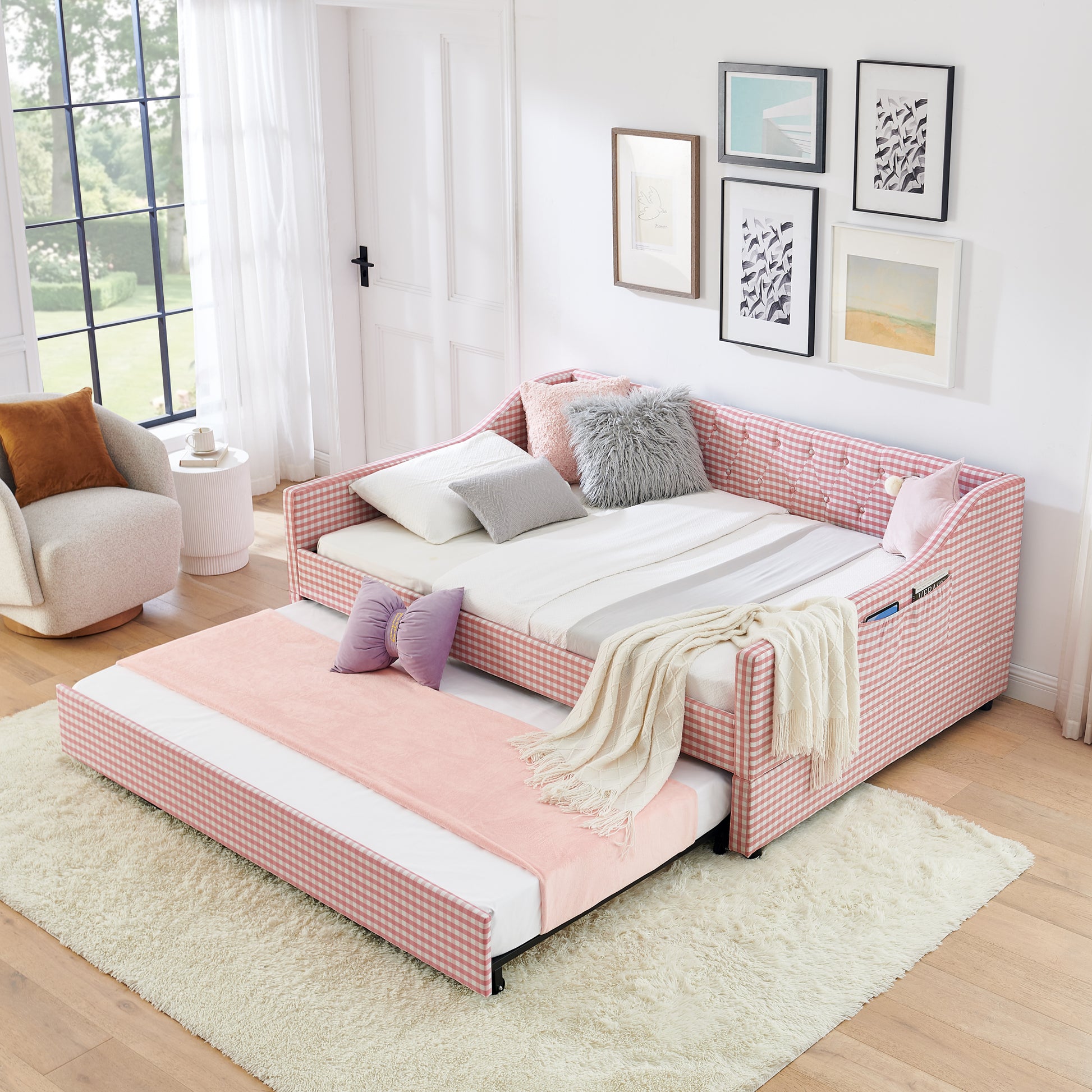 Full‑Size Daybed,Upholstered Convertible Daybed with Tufted Button Backrest, 3‑in‑1 Versatile Sofa Bed with Pull‑Out Trundle & Side Storage, Perfect for Compact Living-Pink image 1
