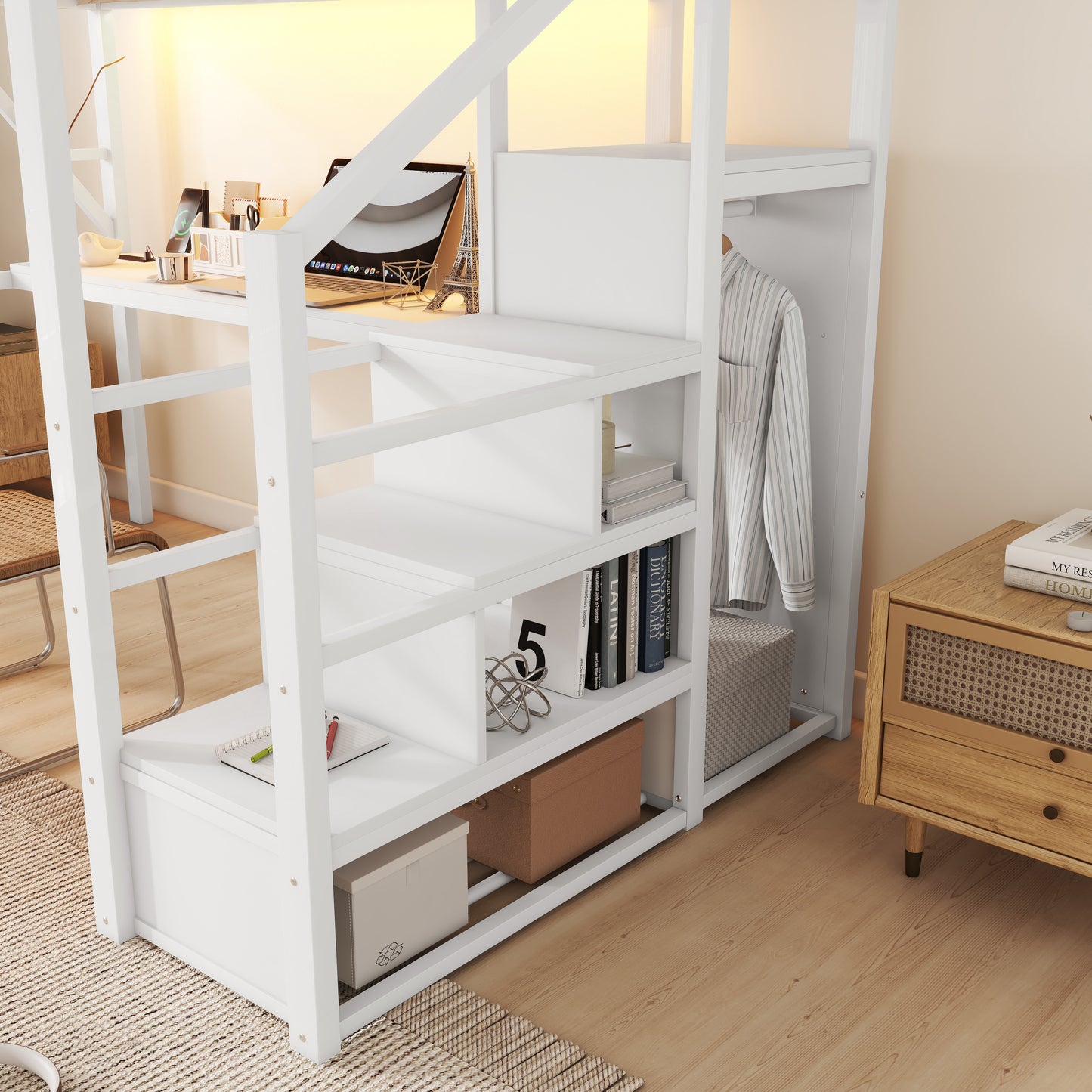 Full Loft Bed with Desk and Charging Station, Full Size Metal Loft Bed with Stairs and Light for Kids Teens,White (OLD SKU W2580S00046) image 5