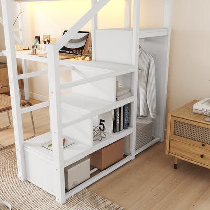 Full Loft Bed with Desk and Charging Station, Full Size Metal Loft Bed with Stairs and Light for Kids Teens,White(Expect Arrival Date 2026/3/7) image 5