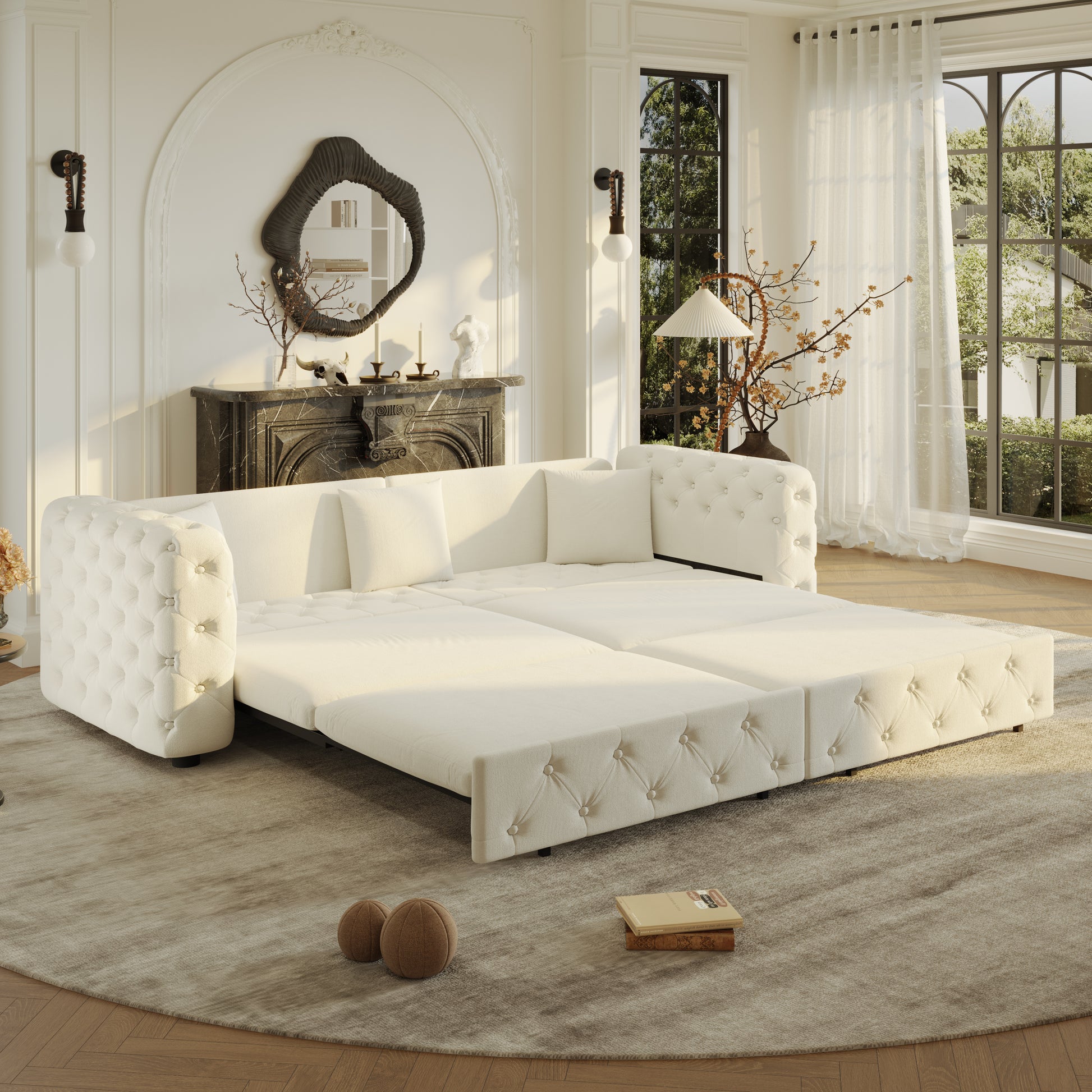 89" Extra Large Multifunctional Sofa Bed, 3-in-1 Pull Out Sofa, 4-Seater Classic Velvet Sofa with Tufted Design, Includes 3 Throw Pillows, Suitable for Apartments and Living Rooms, Beige&White image 4