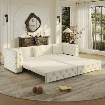 89" Extra Large Multifunctional Sofa Bed, 3-in-1 Pull Out Sofa, 4-Seater Classic Velvet Sofa with Tufted Design, Includes 3 Throw Pillows, Suitable for Apartments and Living Rooms, Beige&White image 4