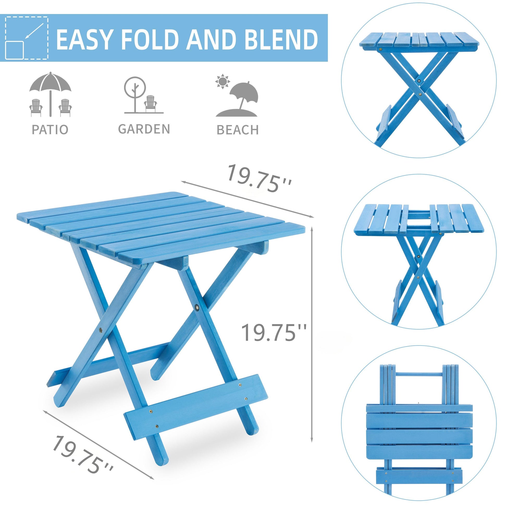 Folding Square Table Patio Outdoor solid wood Table for Backyard, Balcony, Portable Design Space-Saving Blue Color image 2