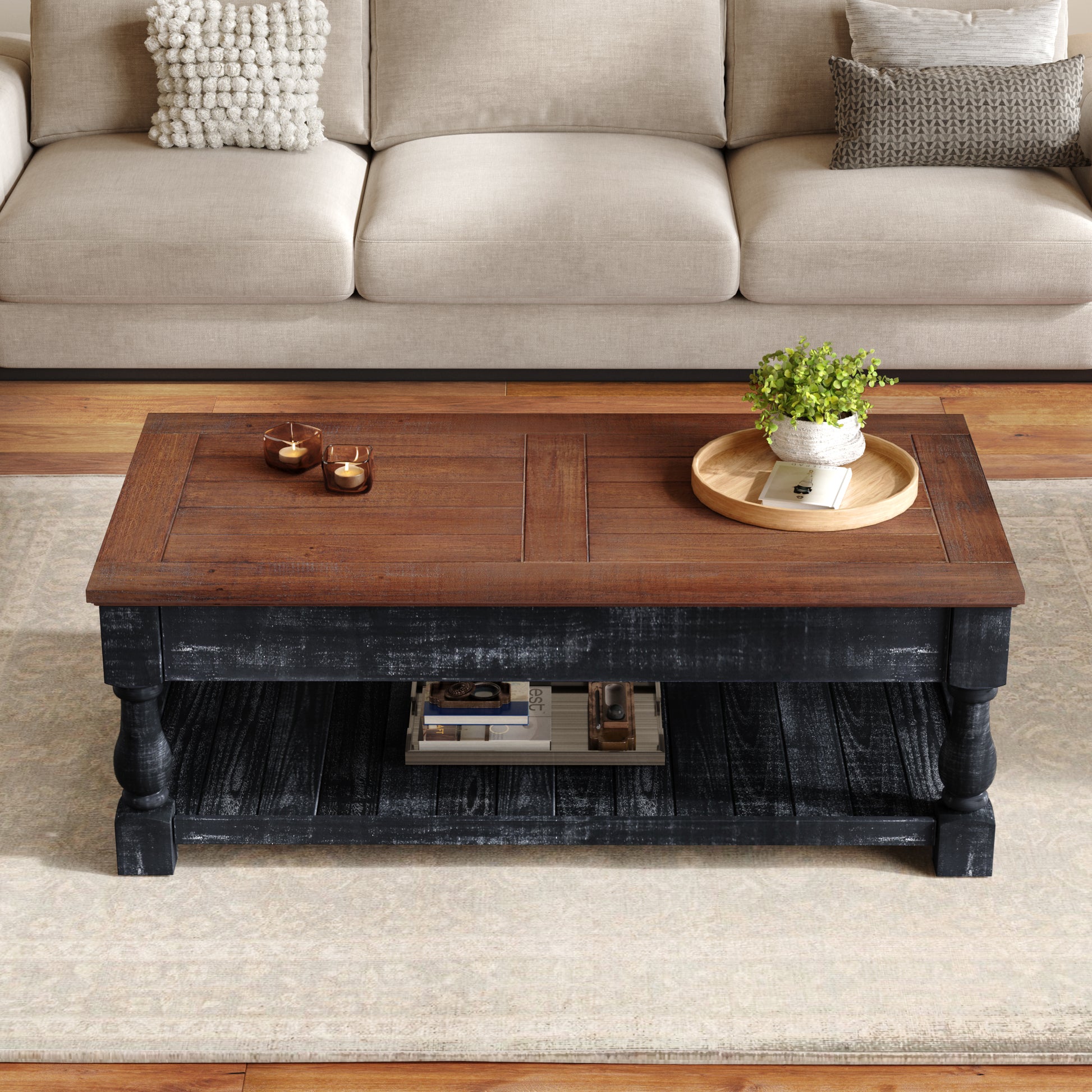 Retro Lift-Top Coffee Table with Storage for Living Room, Hidden Compartment & Lower Shelf, Espresso & Weathered Black Finish image 3