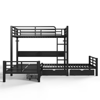 Triple Loft Bed with Storage Shelves and Drawers, Twin over Twin & Twin Loft Bed with Led Lights And Usb Ports, Space-Saving L－Shaped Loft Bed For 3, Black image 9