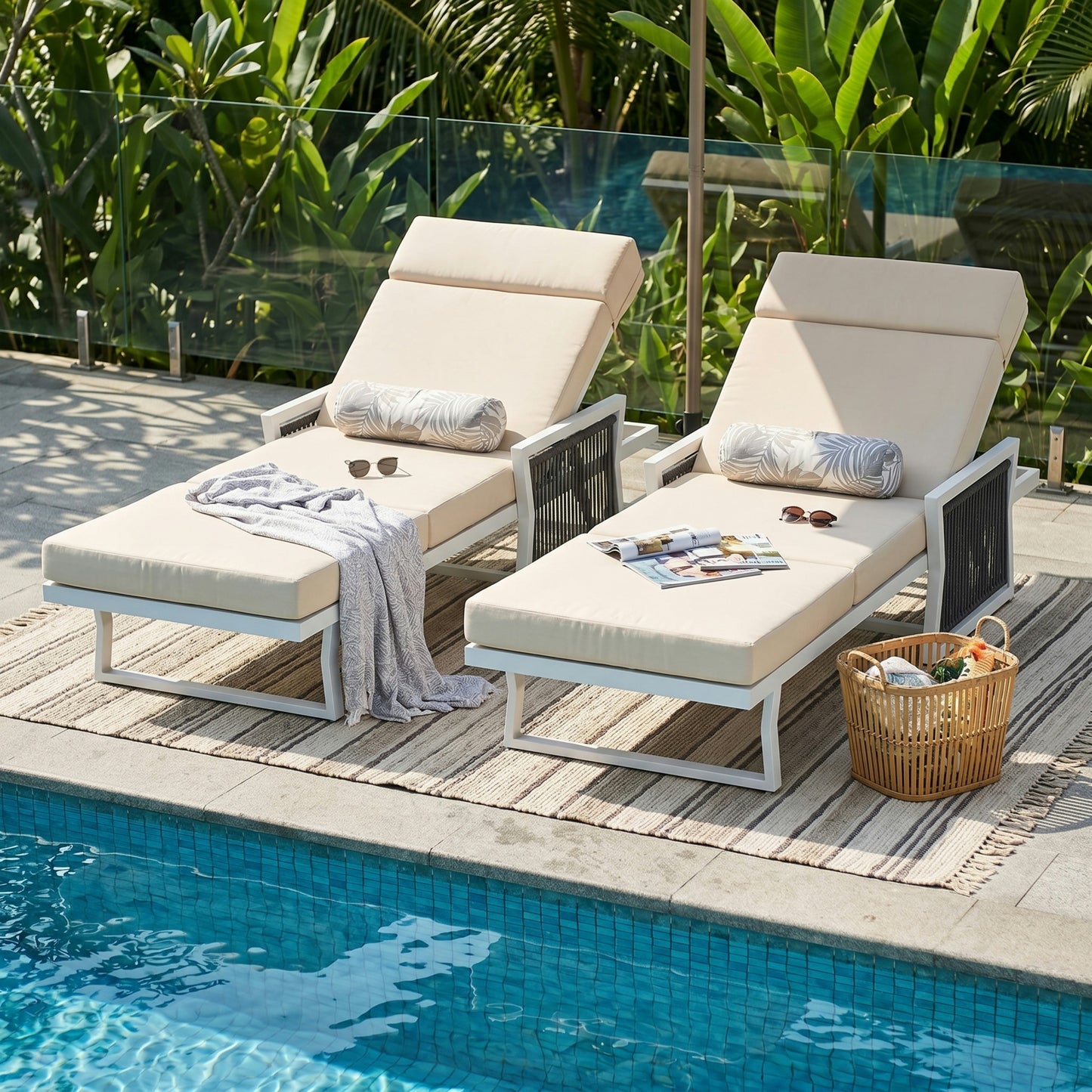 White Iron Outdoor Chaise Lounge with Black Rope Armrests, 4" Thick 4-Fold Beige Water Resistant Cushion with Built-In Headrest, 5-Position Adjustable, 400 LBS Capacity for Patio Pool Backyard image 5