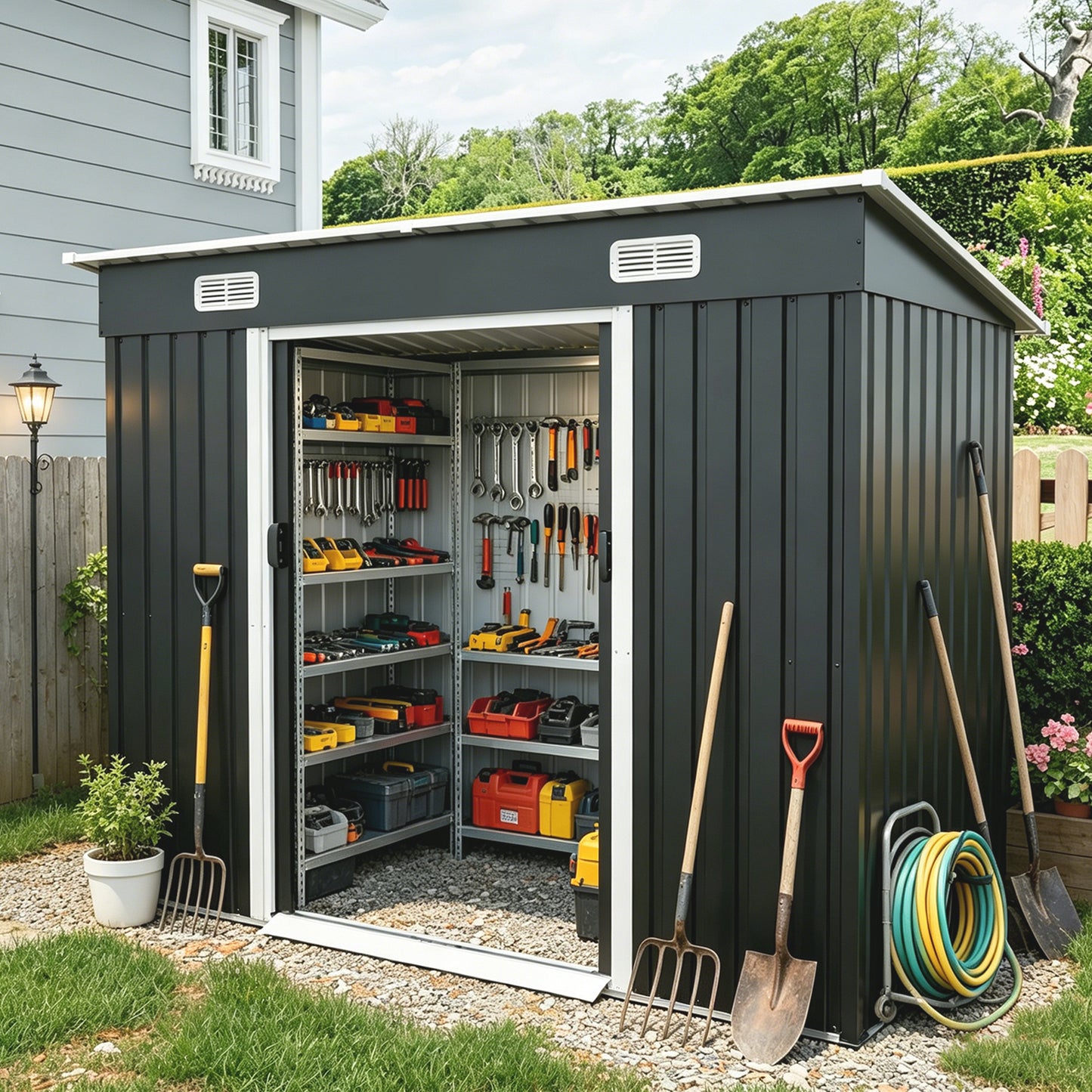 8x4ft Metal Shed, Sliding Door Galvanized Steel Shed with Lock Hole, Air Vents & Threshold, Outdoor Garden Tool Shed(7.84*4.04 FT) image 1