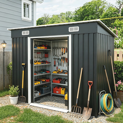 8x4ft Metal Shed, Sliding Door Galvanized Steel Shed with Lock Hole, Air Vents & Threshold, Outdoor Garden Tool Shed(7.84*4.04 FT) image 1