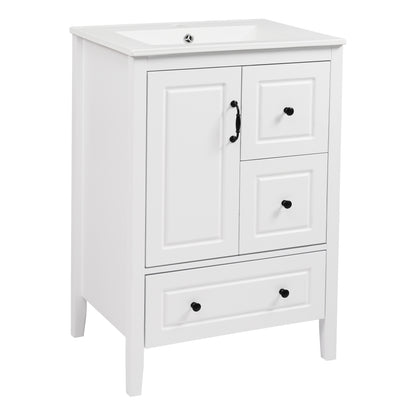 24 inch Bathroom Vanity with Sink, One Cabinet with Soft-closing Door, 3 Soft-closing Drawers, Retro Metal Handles, White image 12