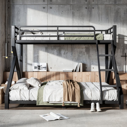Twin XL over Queen Bunk Bed with ladders, Metal Bunk Bed with Full Upgraded Support Slats, Low Profile Bunk Bed, Black image 2