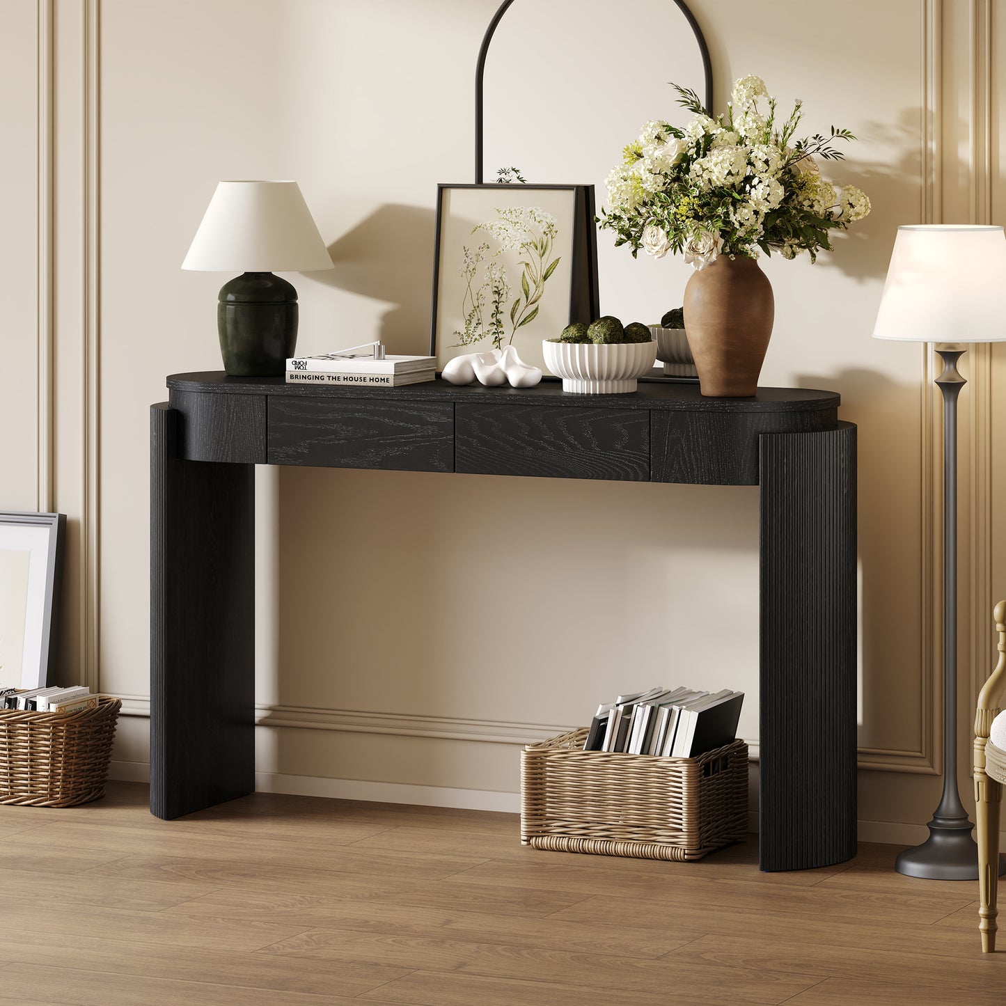 TREXM Entryway Table with Natural Wood Grain Finish, Console Table with Fluted Design, Oval Top and 2 Drawers for Entryway and Living Room (Black) image 11