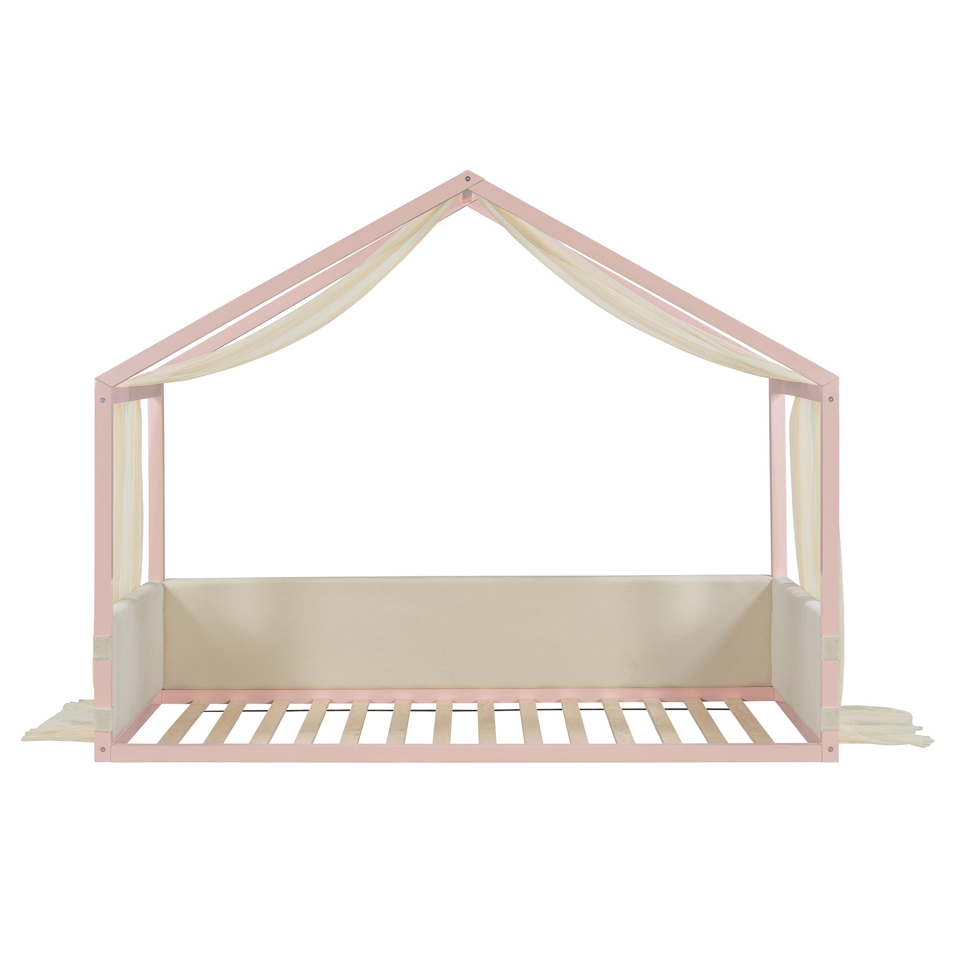 Twin Size Canopy Bed with Upholstered Velvet Side Panels, Breathable Gauze Canopy, Soft-Padded Platform Bed Frame, Easy Assembly Modern Bed for Bedroom, Guest Room-Pink image 11