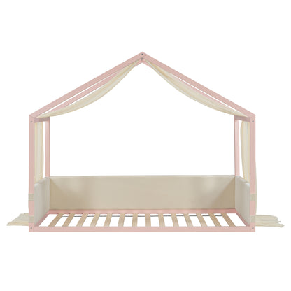 Twin Size Canopy Bed with Upholstered Velvet Side Panels, Breathable Gauze Canopy, Soft-Padded Platform Bed Frame, Easy Assembly Modern Bed for Bedroom, Guest Room-Pink image 11