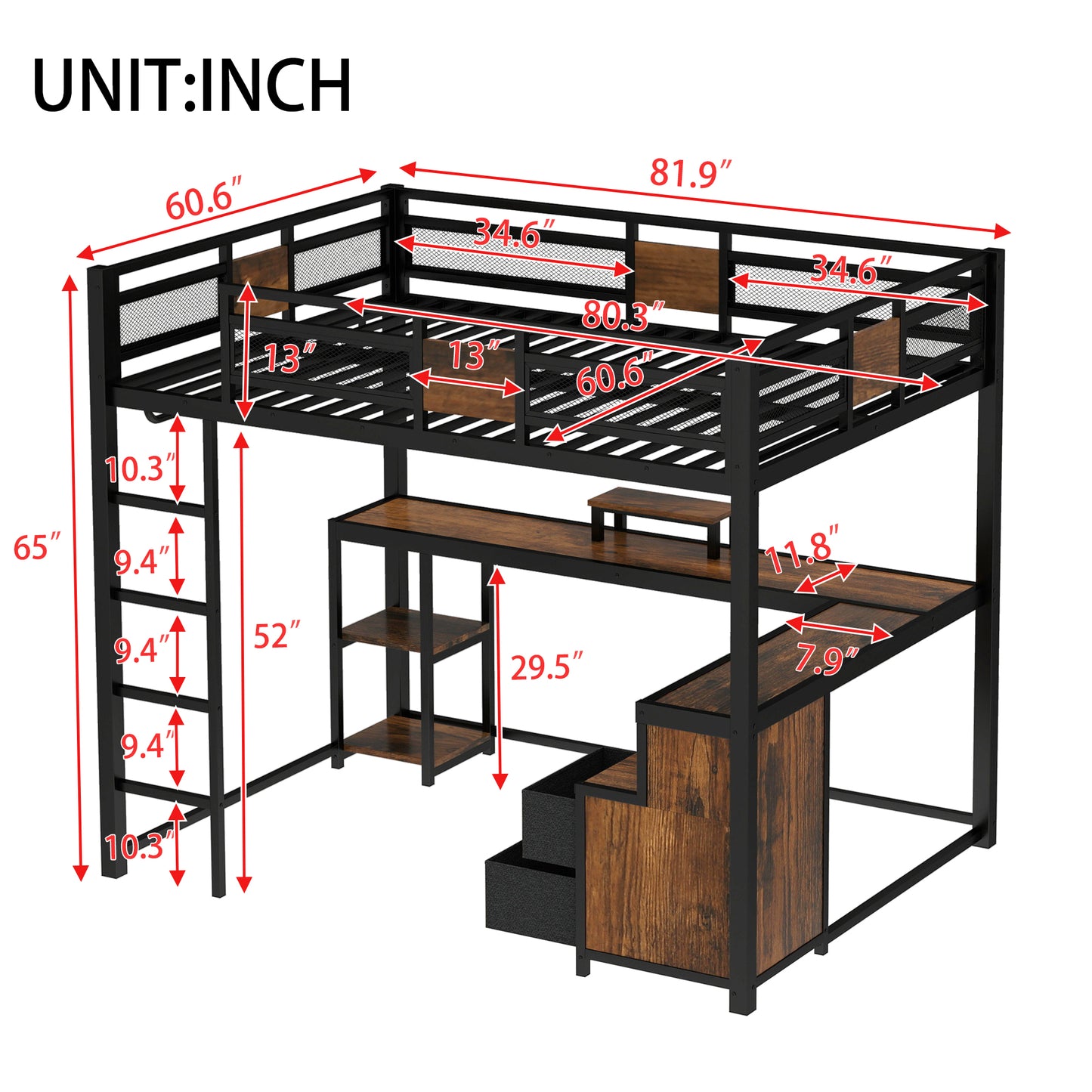 Queen Loft Bed with Desk and Storage Non-woven Fabric Drawers, Metal Loft Bed Frame with Ladders, Nosie-free and No Spring Box Needed, Black image 4