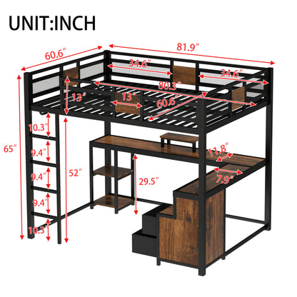 Queen Loft Bed with Desk and Storage Non-woven Fabric Drawers, Metal Loft Bed Frame with Ladders, Nosie-free and No Spring Box Needed, Black image 4