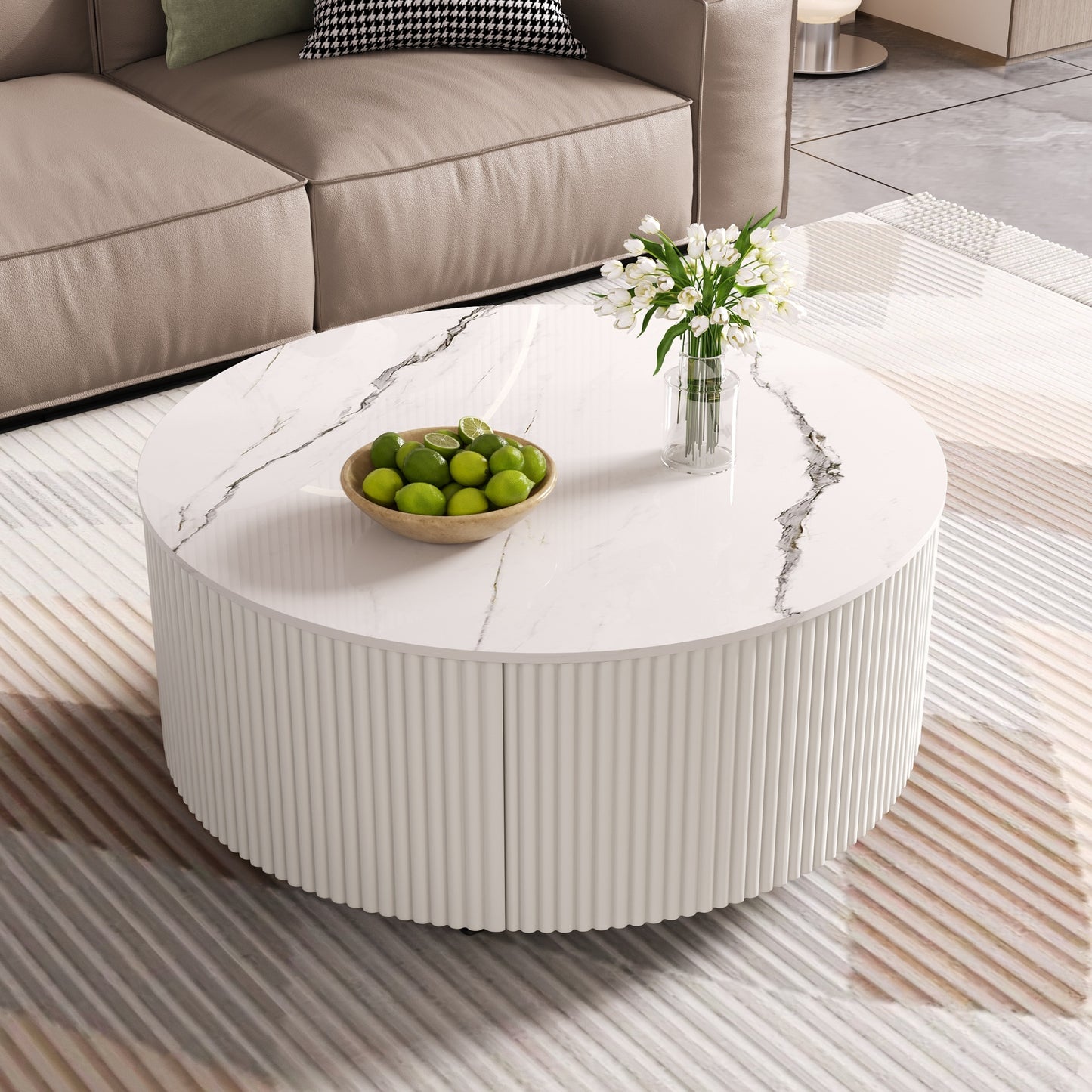 Modern Round Movable Coffee Table with Casters, 2 Drawers, Marble Pattern Sintered Stone Top, White, 29.5" image 4