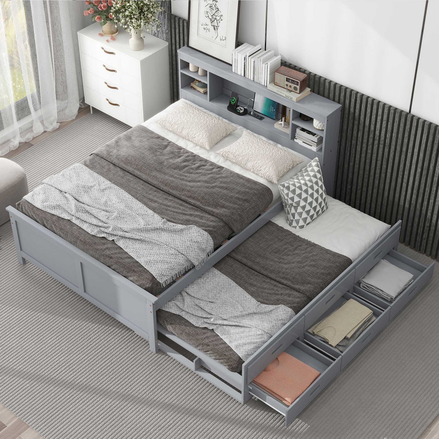 Full Size Platform Bed with Storage Headboard, USB, Twin Size Trundle and 3 Drawers, Gray image 4