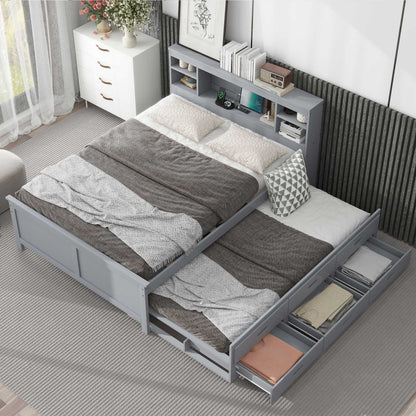 Full Size Platform Bed with Storage Headboard, USB, Twin Size Trundle and 3 Drawers, Gray image 4