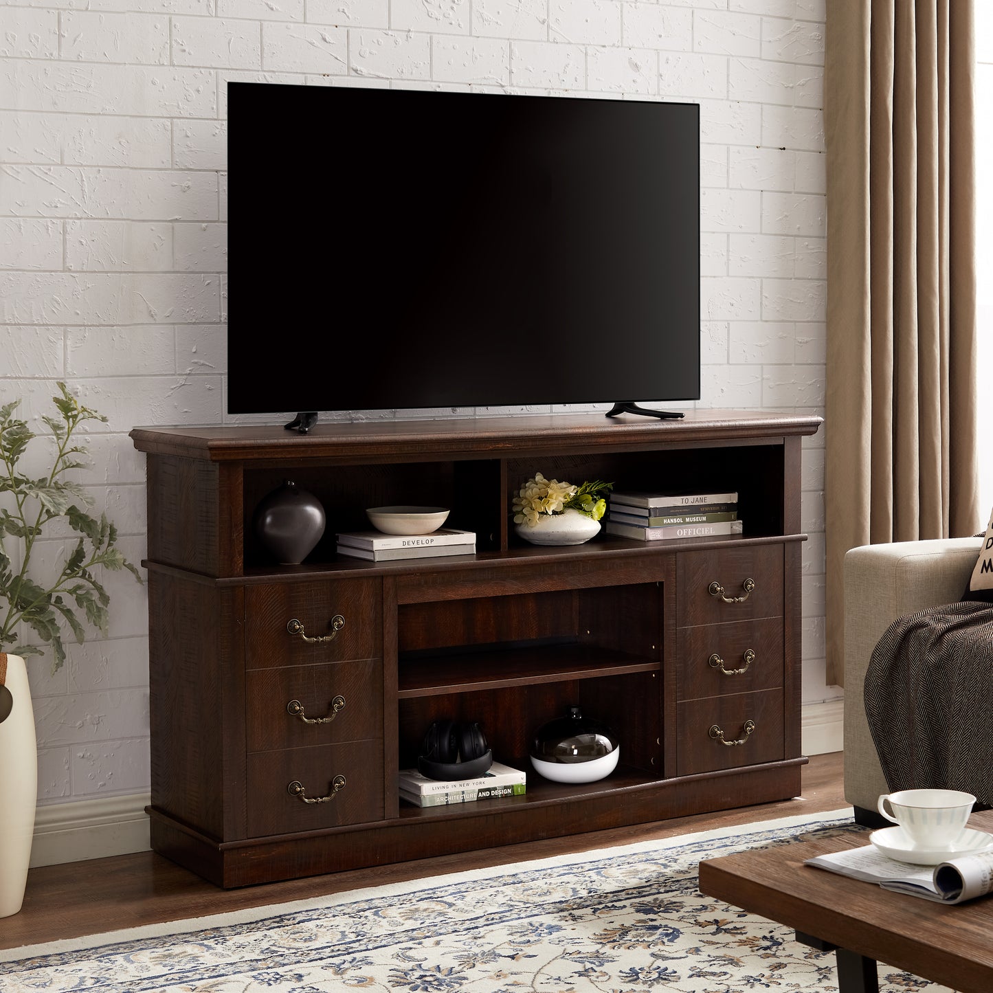 Retro TV Stand with Storage for TVs up to 65'', Mid Century Modern TV Stand & Entertainment Center with Shelf,TV Stand for Media,TV Console Table for Living Room Espresso 60"W*15.75"D*34.25"H image 5