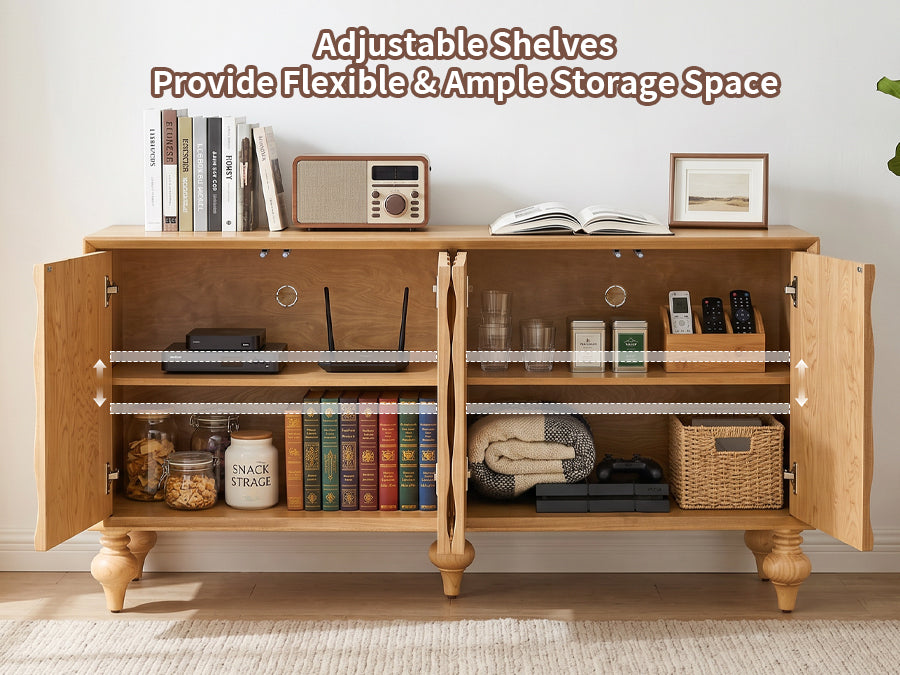 4-Door Storage Sideboard Cabinet with 3D Carved Veneer Fronts, Push-to-Open Soft-Close Hinges, Adjustable Shelves image 8