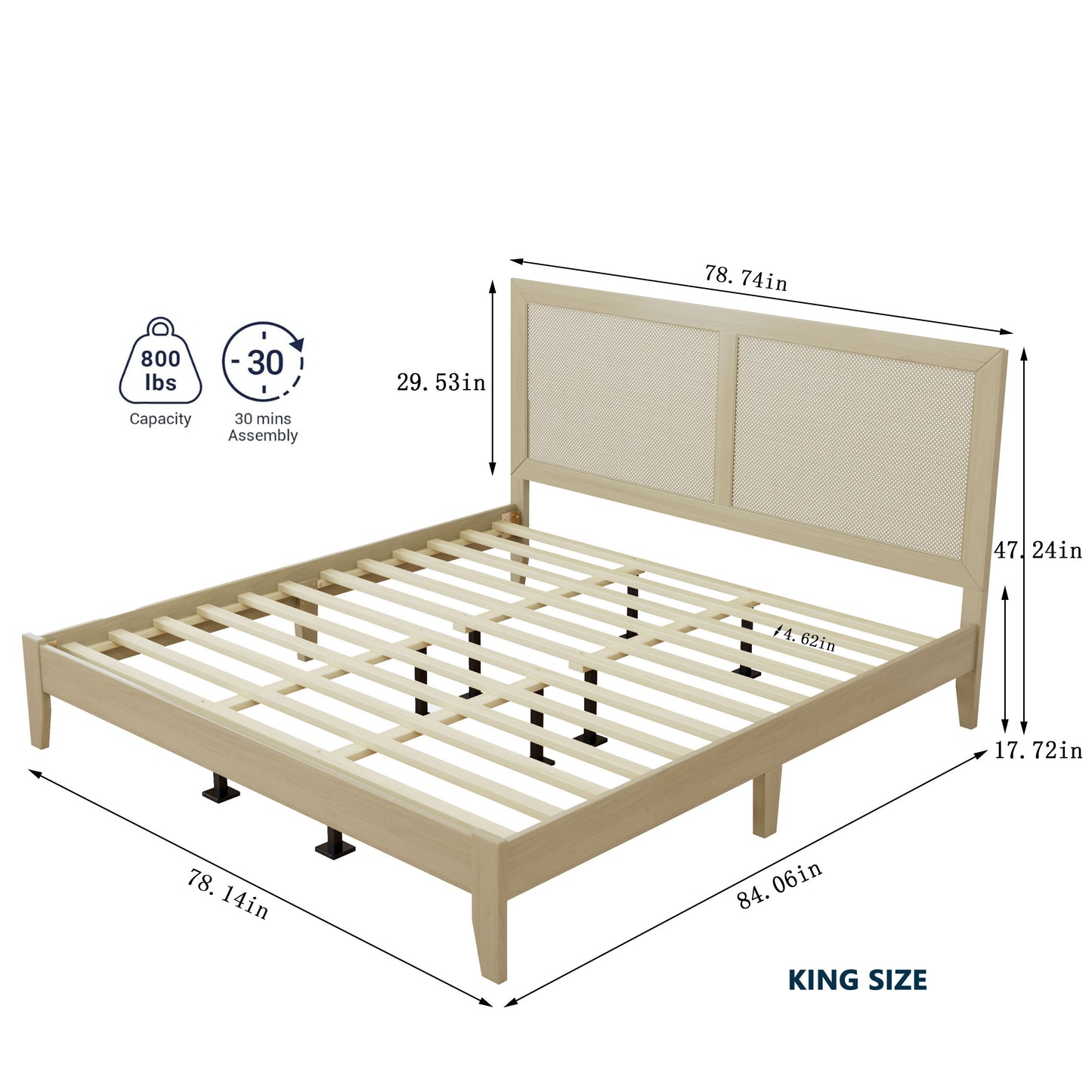Solid Wood Platform King Bed With Rattan image 3