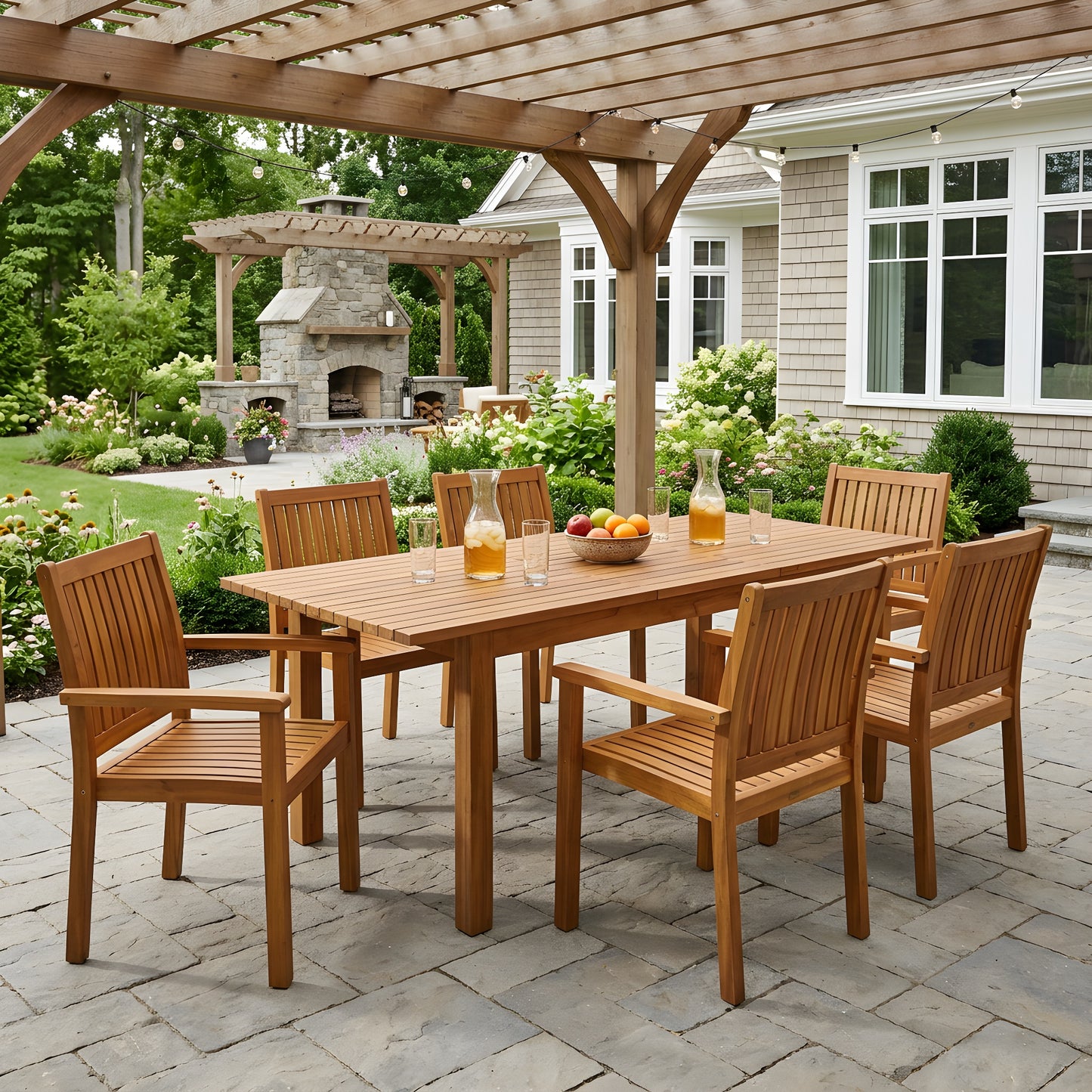 7 Pieces Acacia Wood Outdoor Dining Set s,Modern 6 Chairs 1 Large Table,Dining Furniture Set for Lawn, Backyard, Garden Deck,Poolside,Teak image 1