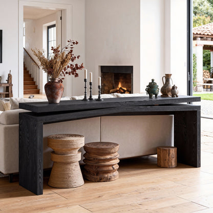 65-Inch Rustic Solid Wood Veneer Console Table, Long Farmhouse Entryway Sofa Table for Living Room, Hallway, Behind Couch, Apartment, Black image 3