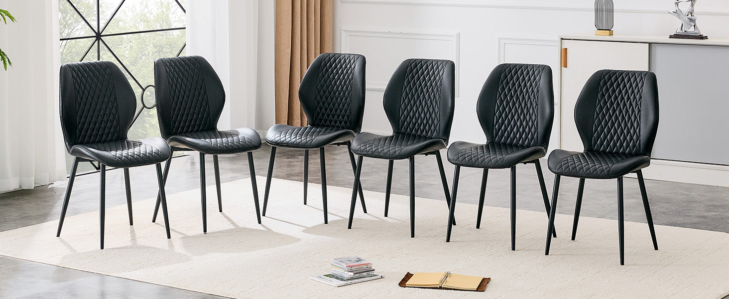 Set of 4 modern light luxury black diamond-quilted PU chairs with black metal legs. Suitable as upholstered dining chairs with backrests for home dining rooms, adaptable to a wide range of scenarios. image 4