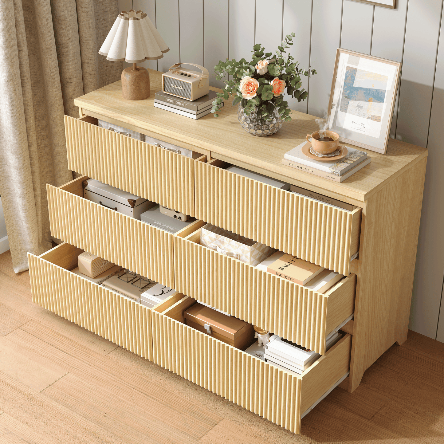 Modern Natural Wood 6 Drawer Dresser, Wave Panel Drawer Fronts, Storage Cabinet, Versatile Chest of Drawers for Bedroom, Living Room - Sleek & Spacious Home Storage Solution image 7