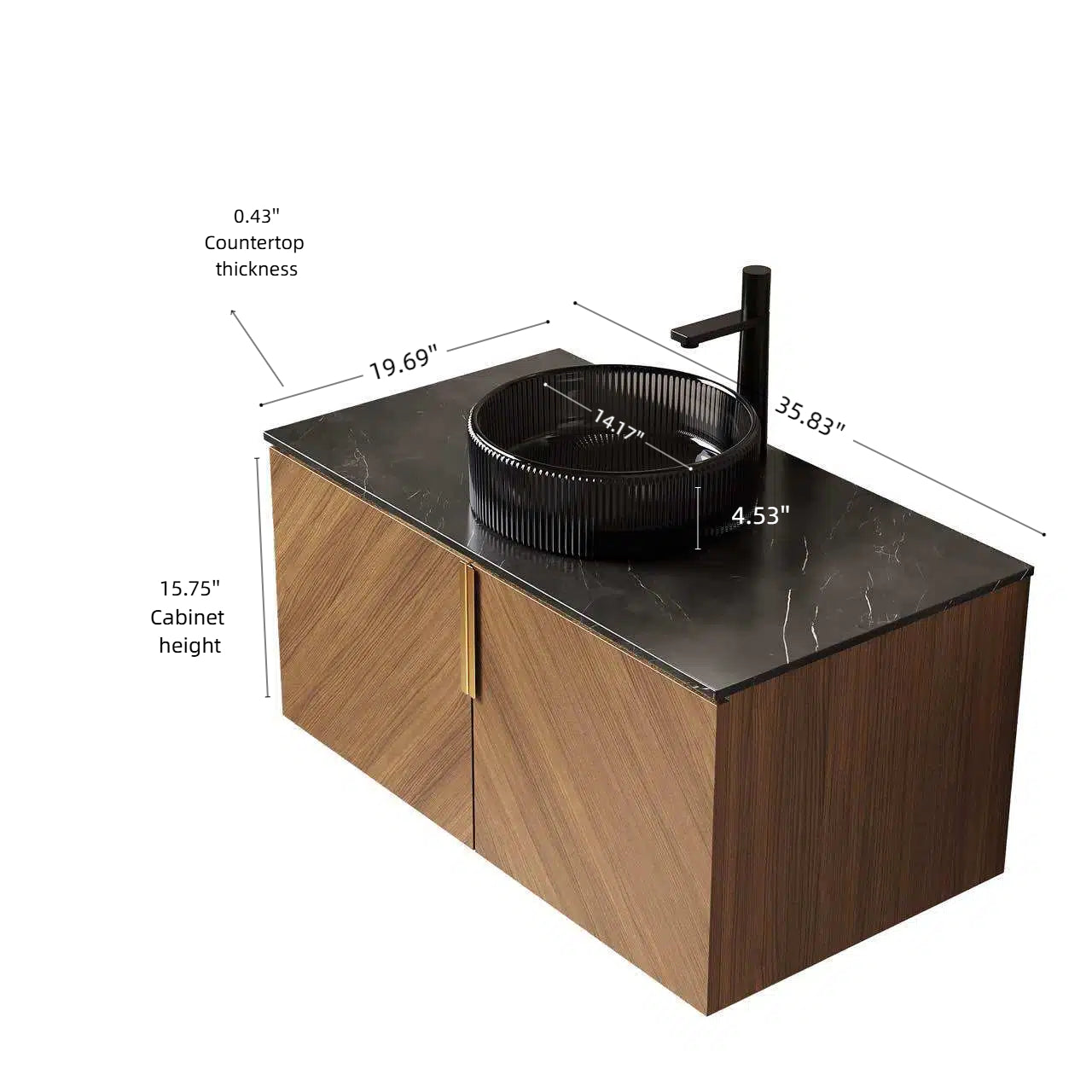 ARAI 36" Bathroom Vanity&Sink, Modern Wall-Mounted Plywood Bathroom Storage Cabinet with Double Doors, Transparent Black Round Glass Basin & Black Sintered Stone Countertop, Brown Oak Woodgrain Color image 5