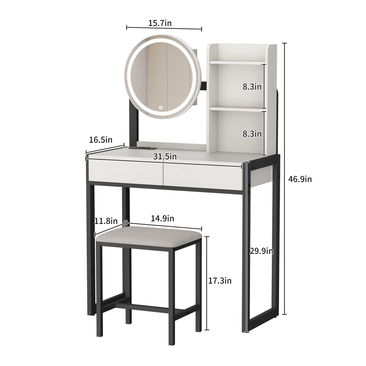 Small Vanity Desk with Mirror and Lights, Makeup Vanity Table with LED Mirror, 3 Lighting Modes, Power Outlet, Drawer, Open Shelves and Cushioned Stool for Bedroom (White and Black) image 4