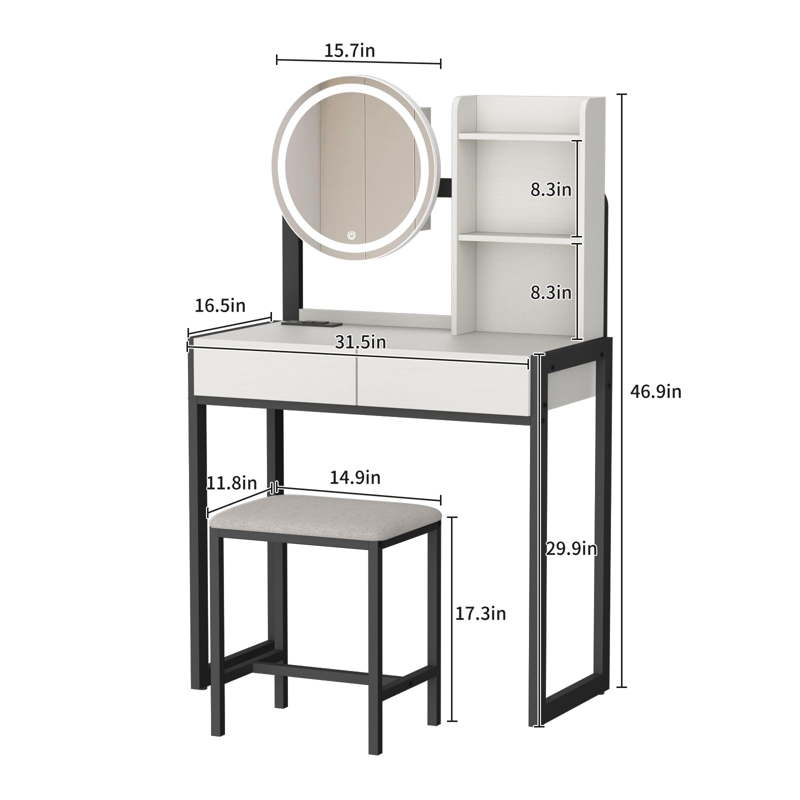 Small Vanity Desk with Mirror and Lights, Makeup Vanity Table with LED Mirror, 3 Lighting Modes, Power Outlet, Drawer, Open Shelves and Cushioned Stool for Bedroom (White and Black) image 4