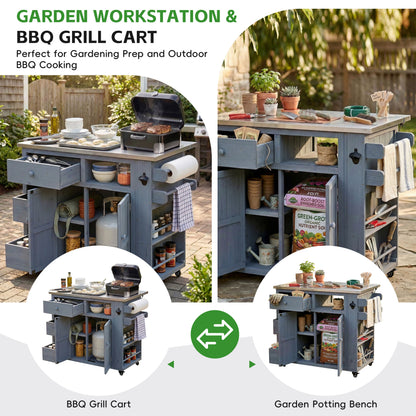 TOPMAX Outdoor Solid Wood Extendable 19.3''/28'' Kitchen Island, Stainless Steel Top Grill Table with Side Spice Rack, Kitchen Cart with Drawers, Storage Cabinet for Backyard, BBQ,Party, Gray image 8