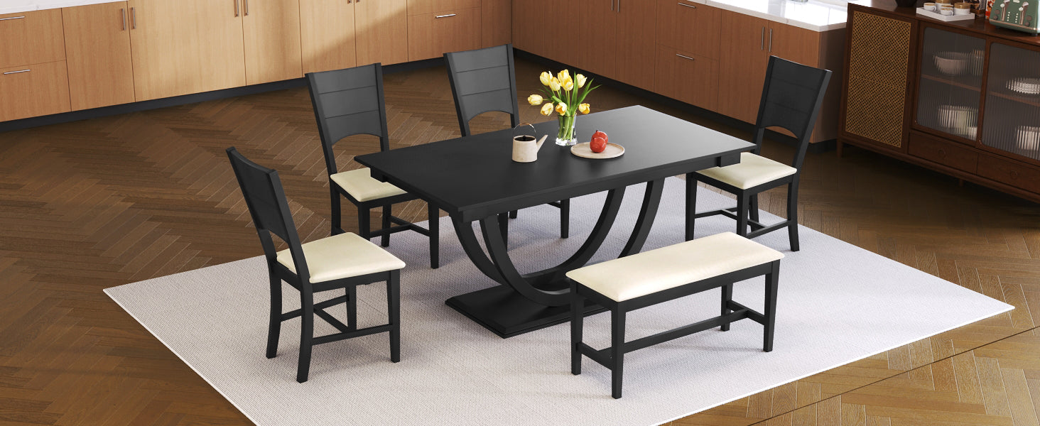 TOPMAX 6-Piece Wood Half Round Dining Table Set Kitchen Table Set with Long Bench and 4 Dining Chairs, Modern Style, Gray image 2