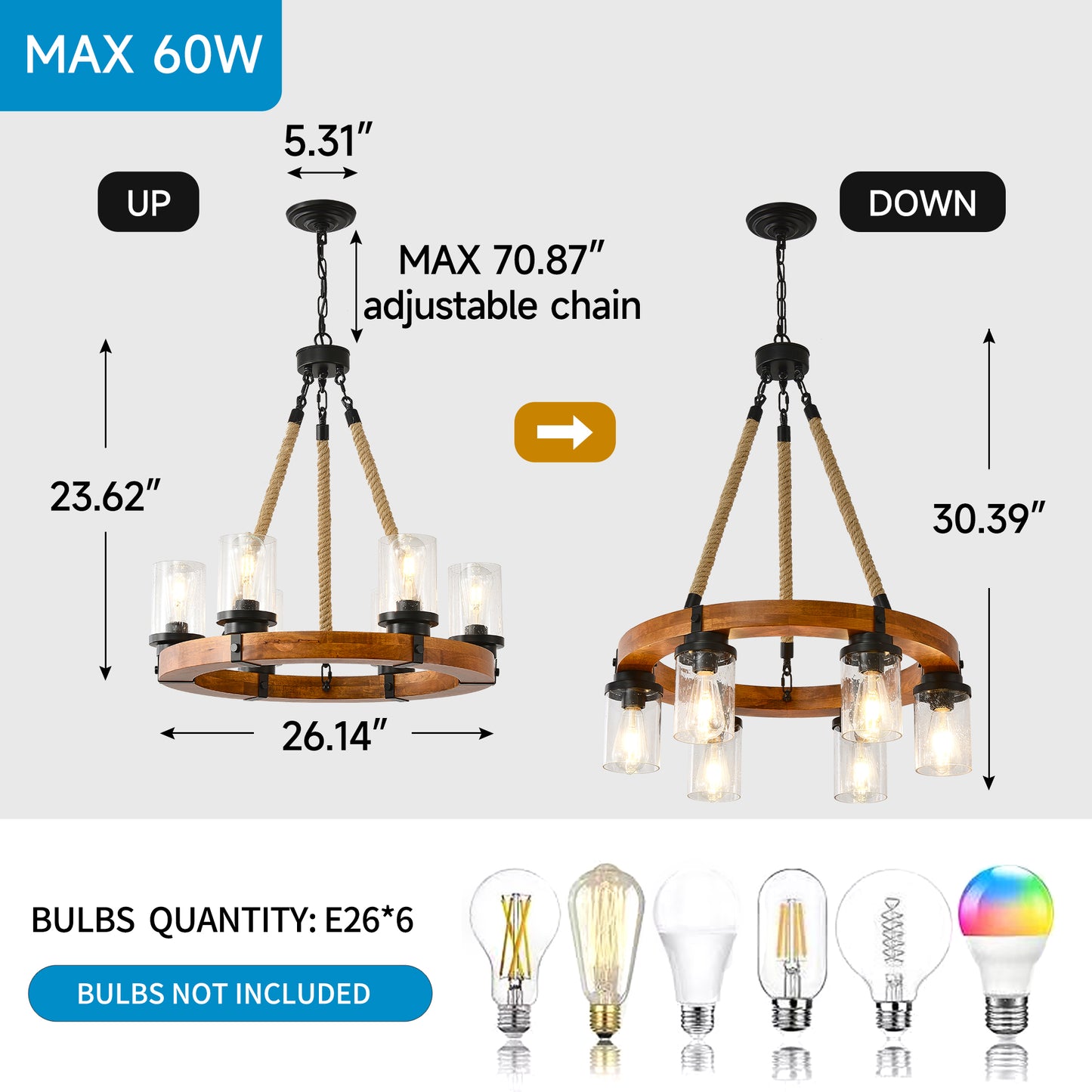 23.62 INCH Round Wood Pendant Light with Seeded Glass Shade, Rustic 6-Light Wagon Wheel Chandelier,Farmhouse Chandeliers for Dining Room Kitchen Island Foyer Entryway (8 Light)--NO INCLUDED BULBS image 6