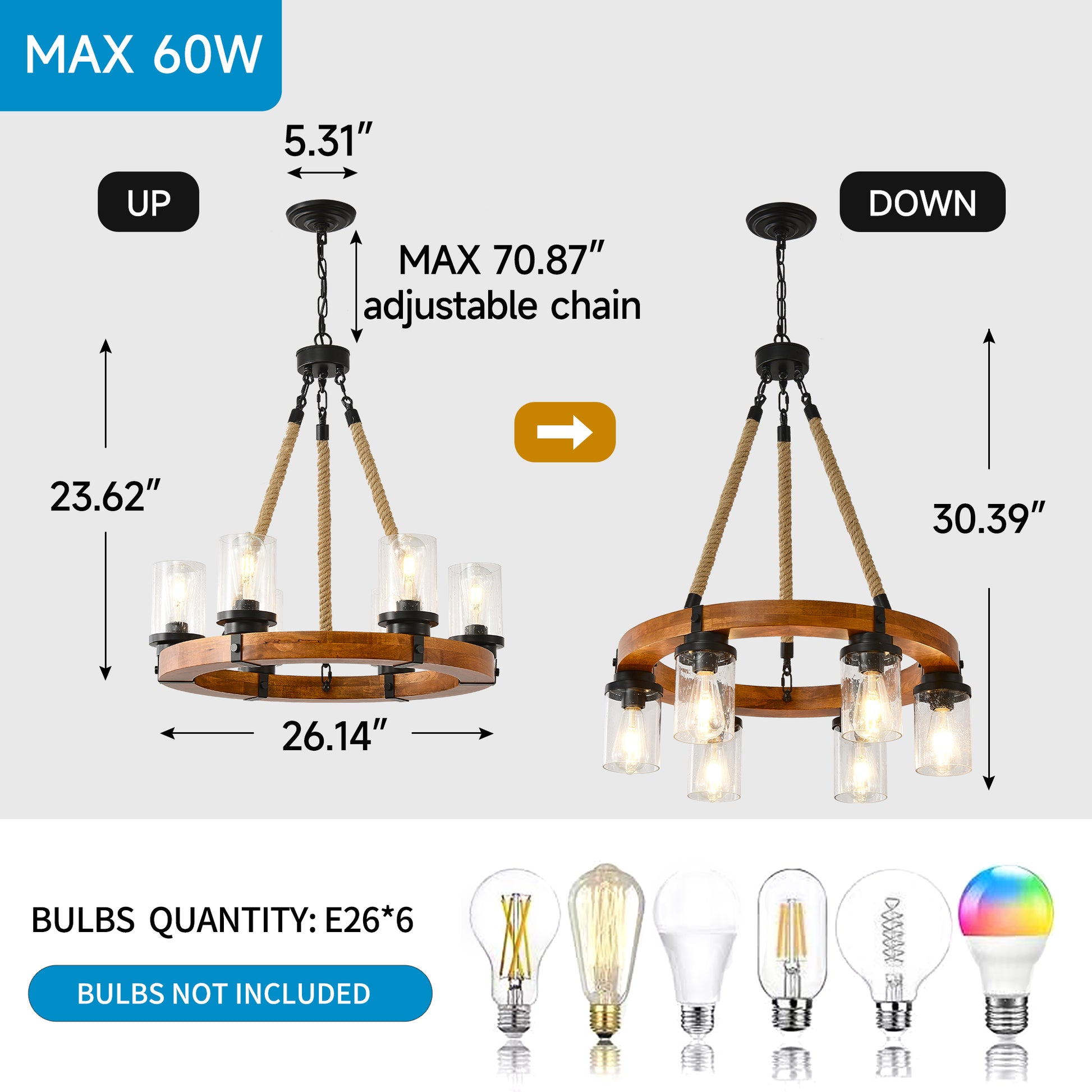 23.62 INCH Round Wood Pendant Light with Seeded Glass Shade, Rustic 6-Light Wagon Wheel Chandelier,Farmhouse Chandeliers for Dining Room Kitchen Island Foyer Entryway (8 Light)--NO INCLUDED BULBS image 6