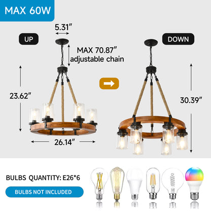 23.62 INCH Round Wood Pendant Light with Seeded Glass Shade, Rustic 6-Light Wagon Wheel Chandelier,Farmhouse Chandeliers for Dining Room Kitchen Island Foyer Entryway (8 Light)--NO INCLUDED BULBS image 6