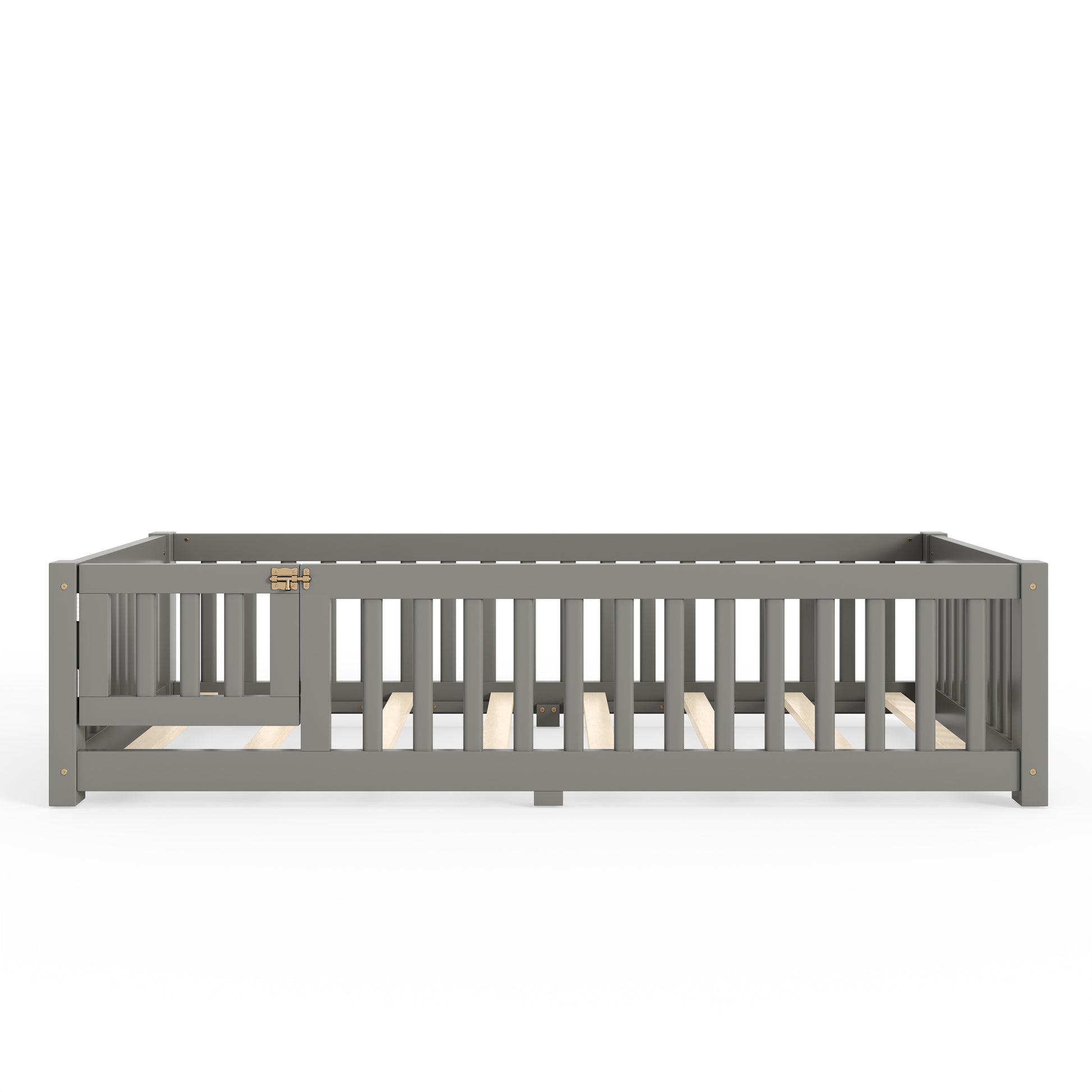 Twin Size Bed Floor Bed with Safety Guardrails and Door for Kids, Gray image 12