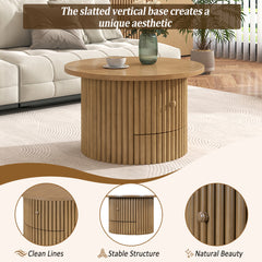 Round Coffee Table for Living Room in Natural, Farmhouse Coffee Table with a Drawer,  Center Table with Vertical Slat Base in 30.5"