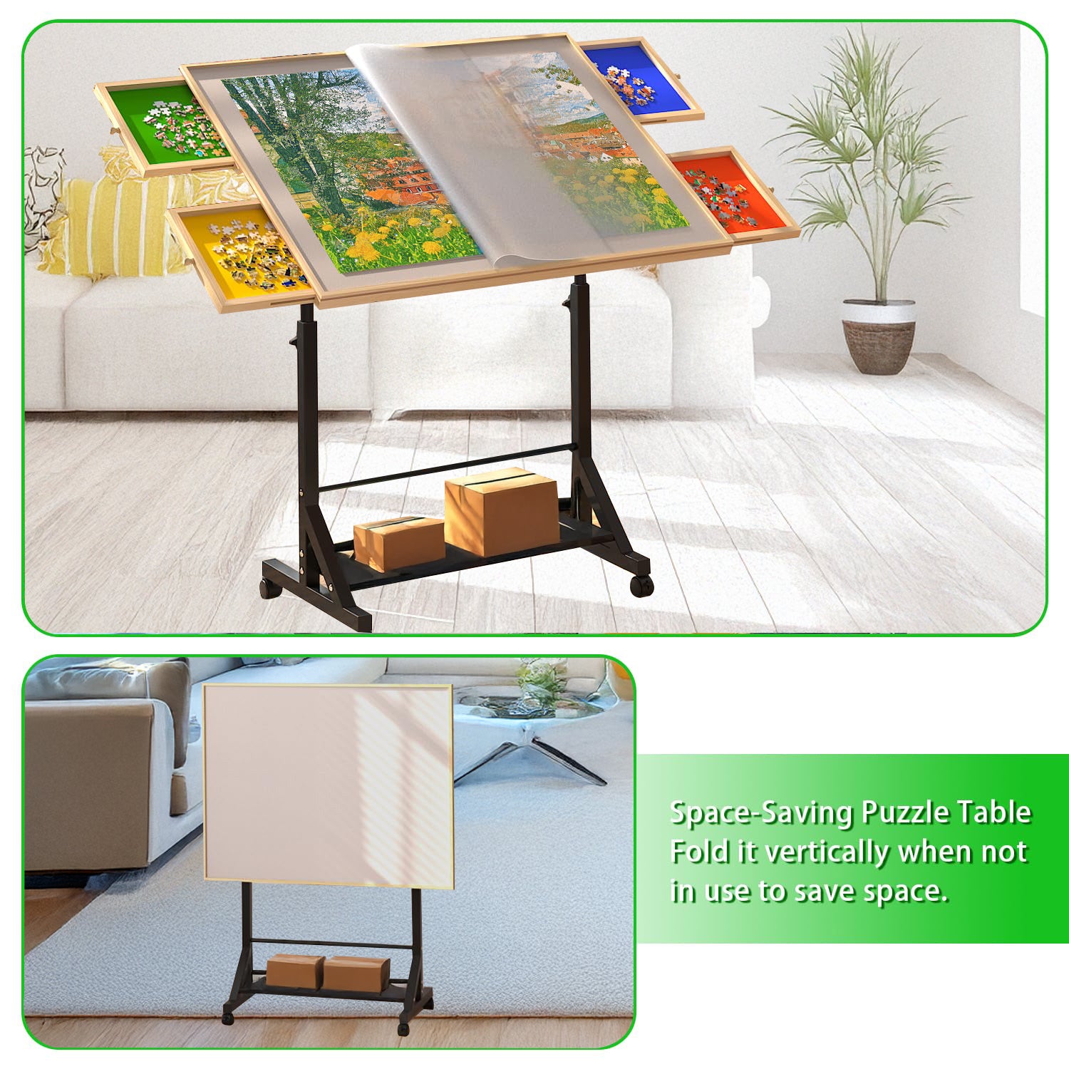 Wooden 1500 Piece Puzzle Table with Drawer, 35"*27.17" Adjustable Puzzle Table, 360° Tilting Puzzle Table with Legs and Wheels, Adjustable Height and Angle, with Protective Cover image 6