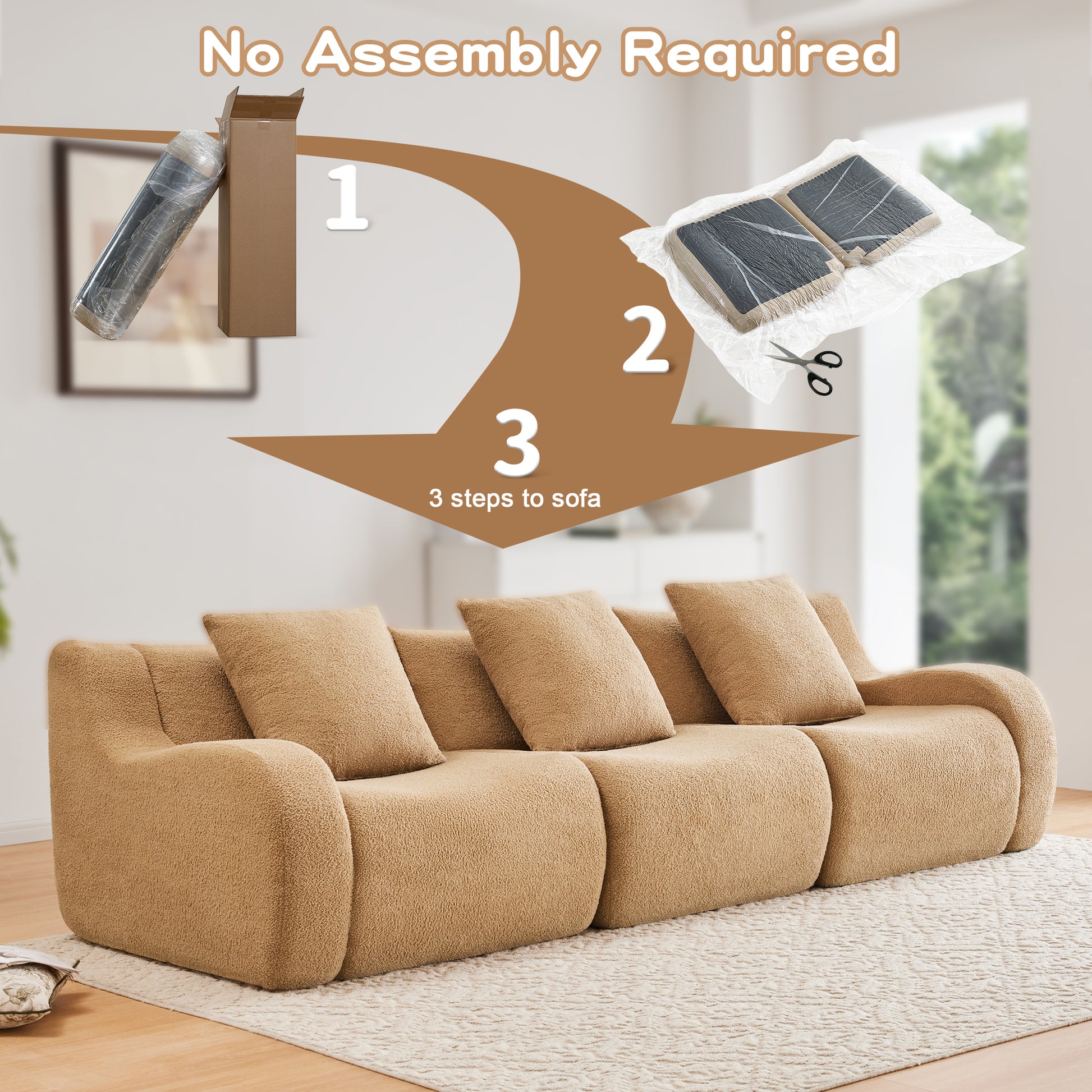 Boneless Sofa,3 Seat High-Quality Teddy Fabric,Anti-Slip Design,No Assembly Curved Armrests Streamlined Design,32D High Density Sponge For Living Rooms Bedrooms Reading Nook,Camel image 12