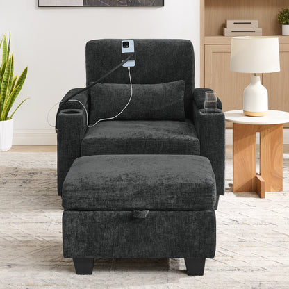 Single sofa recliner with manually adjustable backrest, USB charging port on the armrest side, phone stand included, hidden armrest storage, and a matching storage ottoman-Black image 5