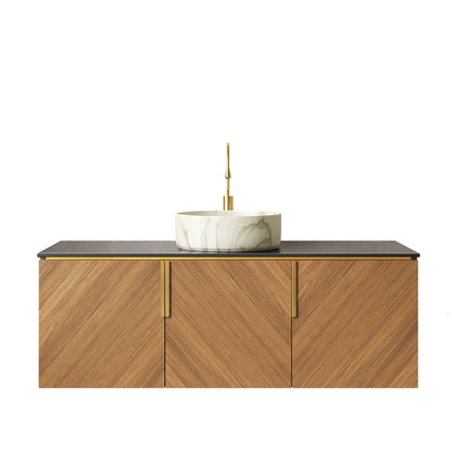 ARAI 48" Bathroom Vanity&Sink, Floating Plywood Bathroom Storage Cabinet with 3 Doors, Black Sintered Stone Countertop & White Round Ceramic Basin with Stone Pattern, Brown Oak Woodgrain (New SKU) image 3
